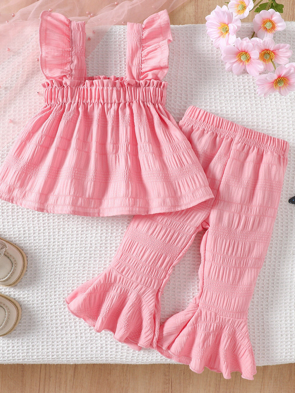 Children's Ruffled Trim Textured Top and Pants Set
