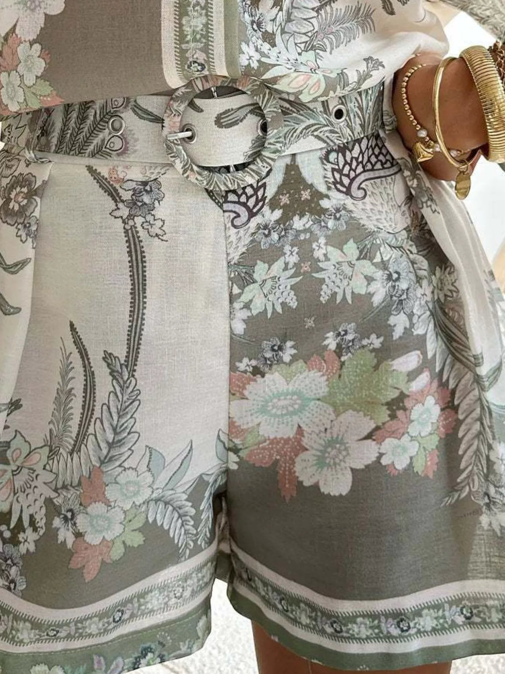 Floral Print Button-Down Shirt and Belted Shorts Two-Piece Set