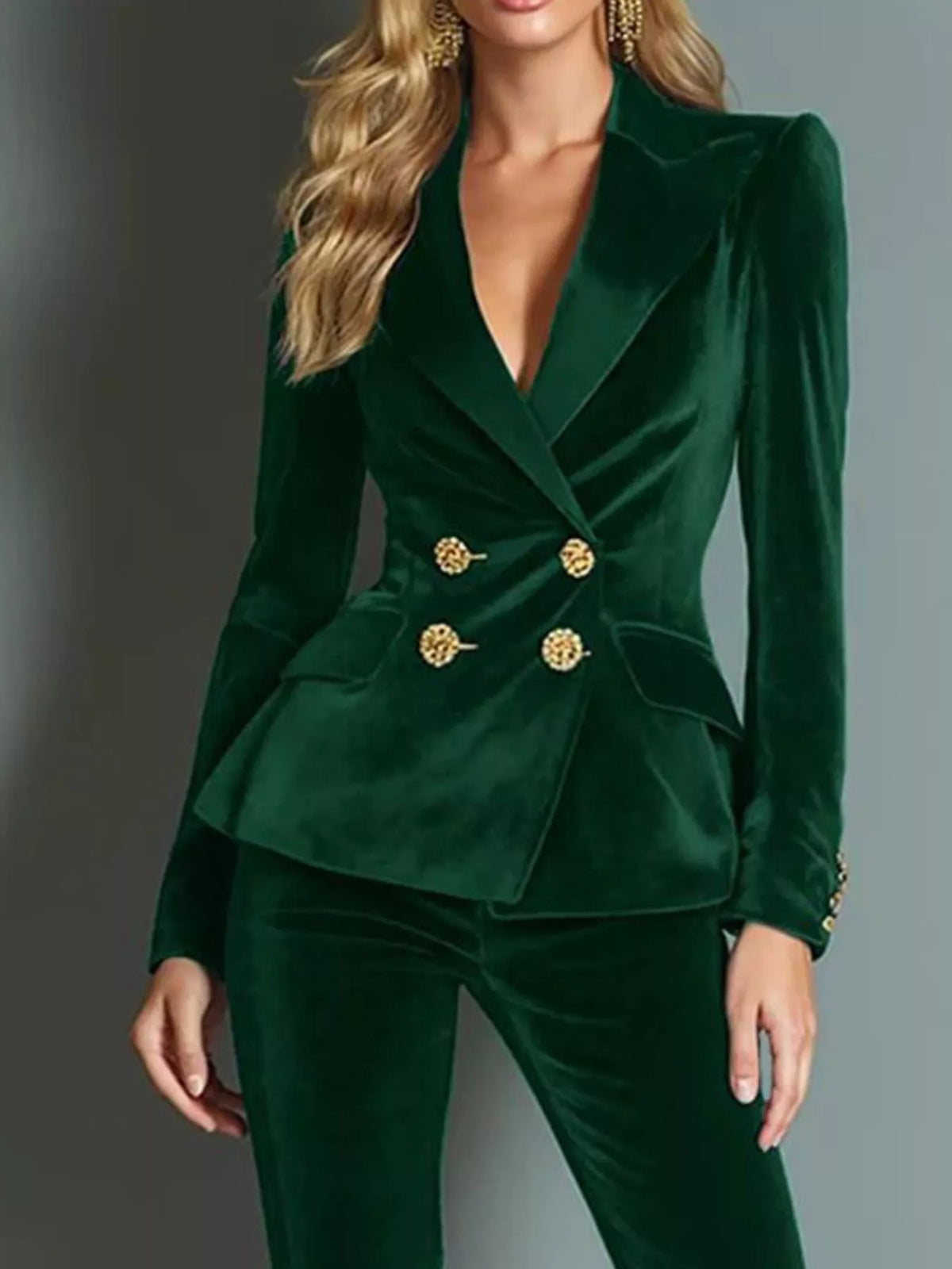 Velvet Double-Breasted Blazer and Flared Pants Set
