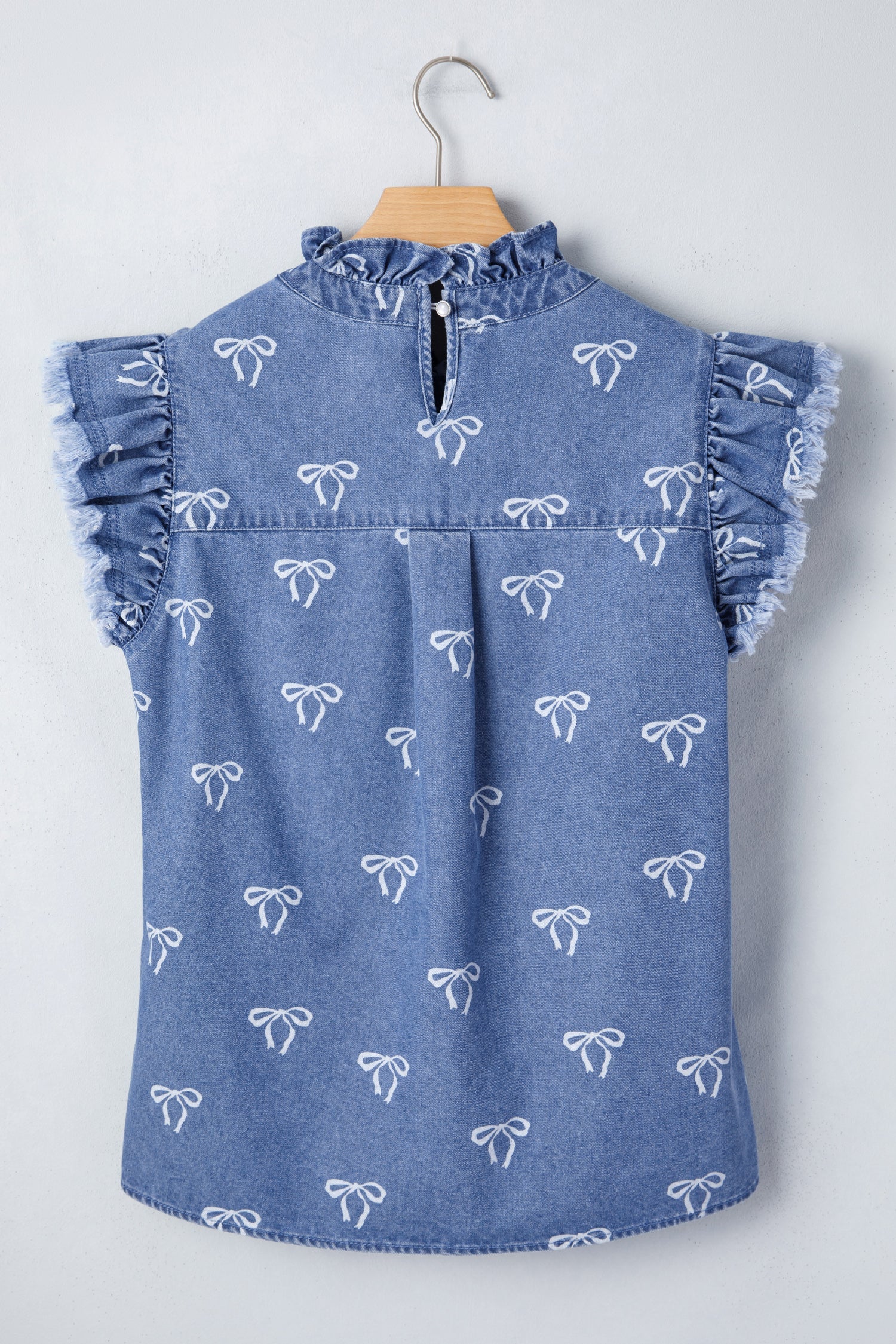 Blue Frilled Collar Flutter Sleeve Denim Top