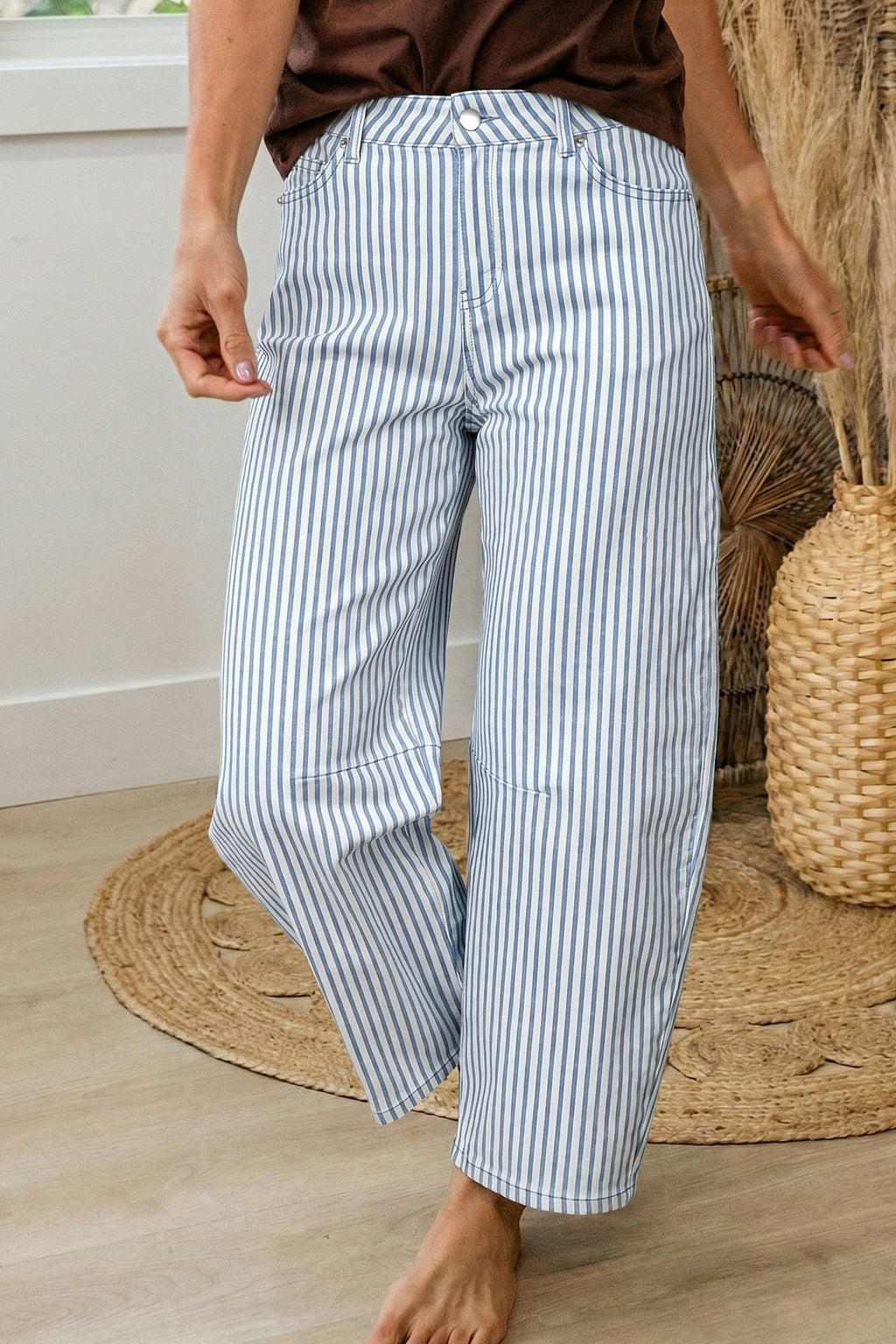 Sky Blue Stripe Casual Barrel Jeans