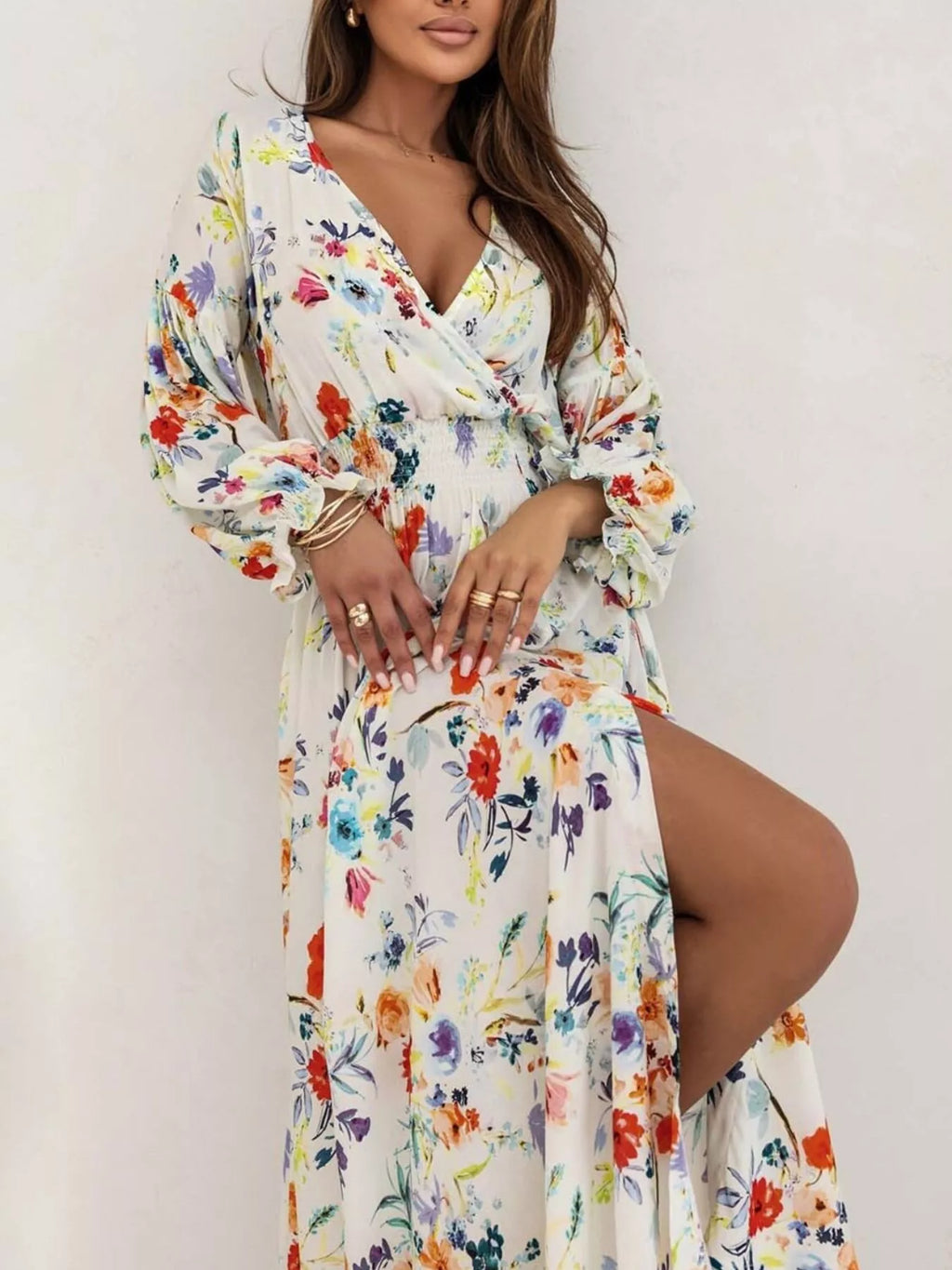 Bohemian Printed Maxi Dress with Plunging Neckline