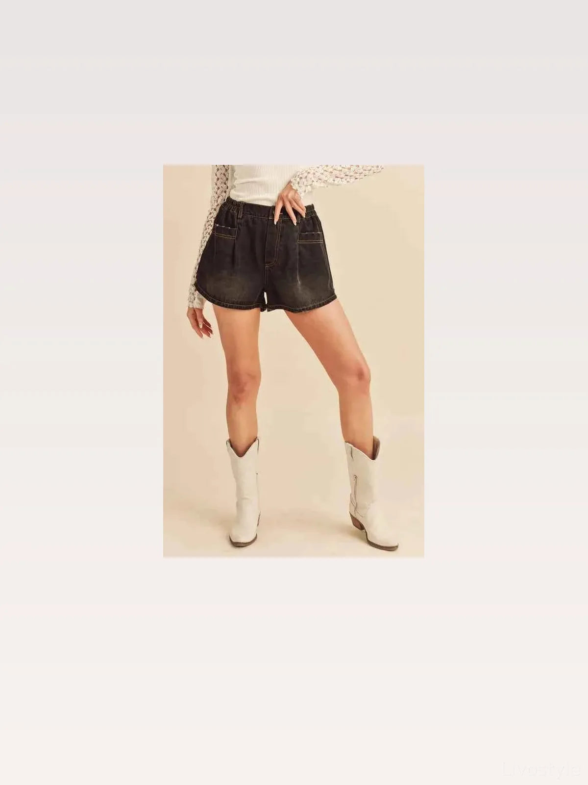 Frayed Hem Elastic Waist Denim Shorts