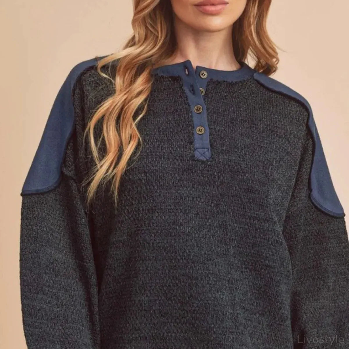 Contrast Shoulder Button Detail Sweatshirt with Side Slits