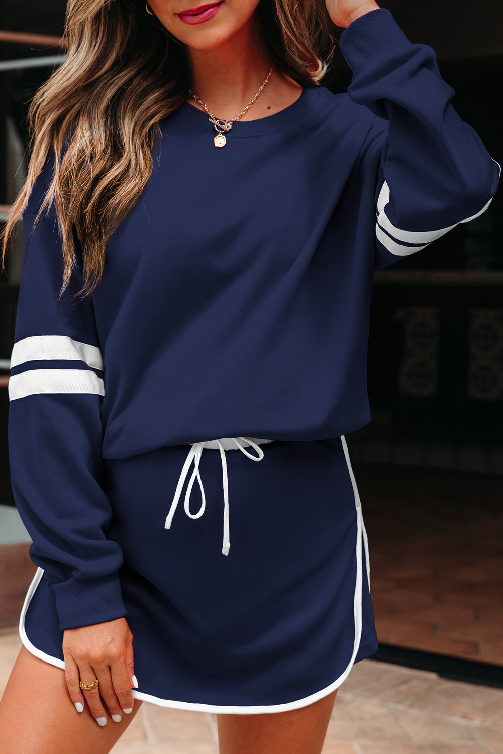 Varsity Stripe Pullover and Mini Skirt Set