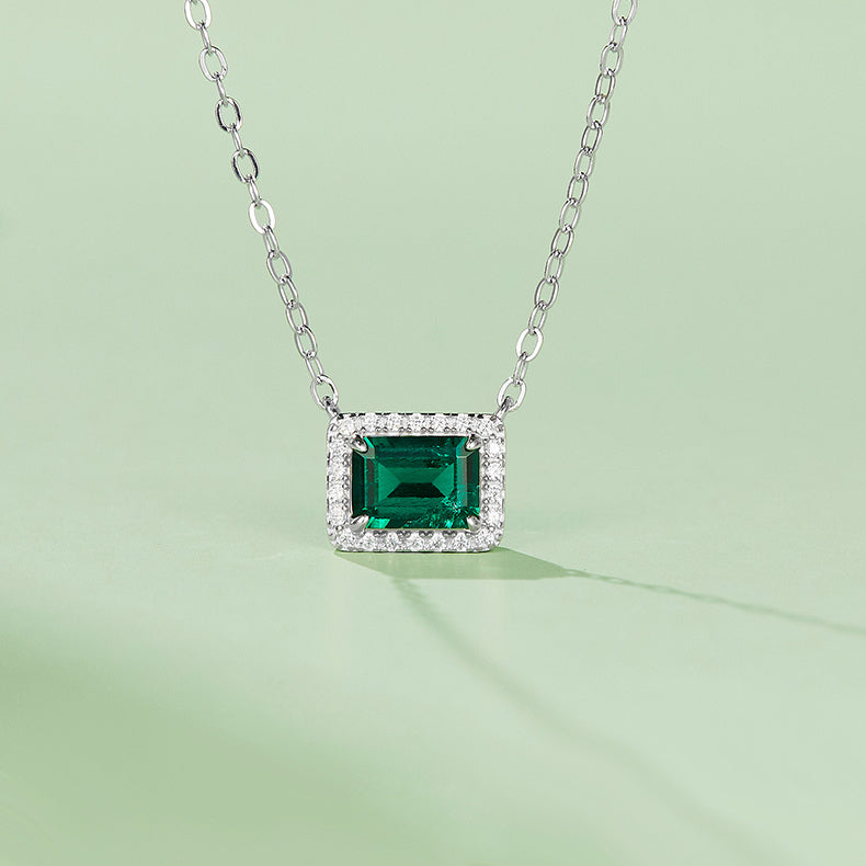 S925 Silver 2.4g 0.9ct Lab-Created Emerald Necklace, 7x5mm Halo Pendant, 40&5cm