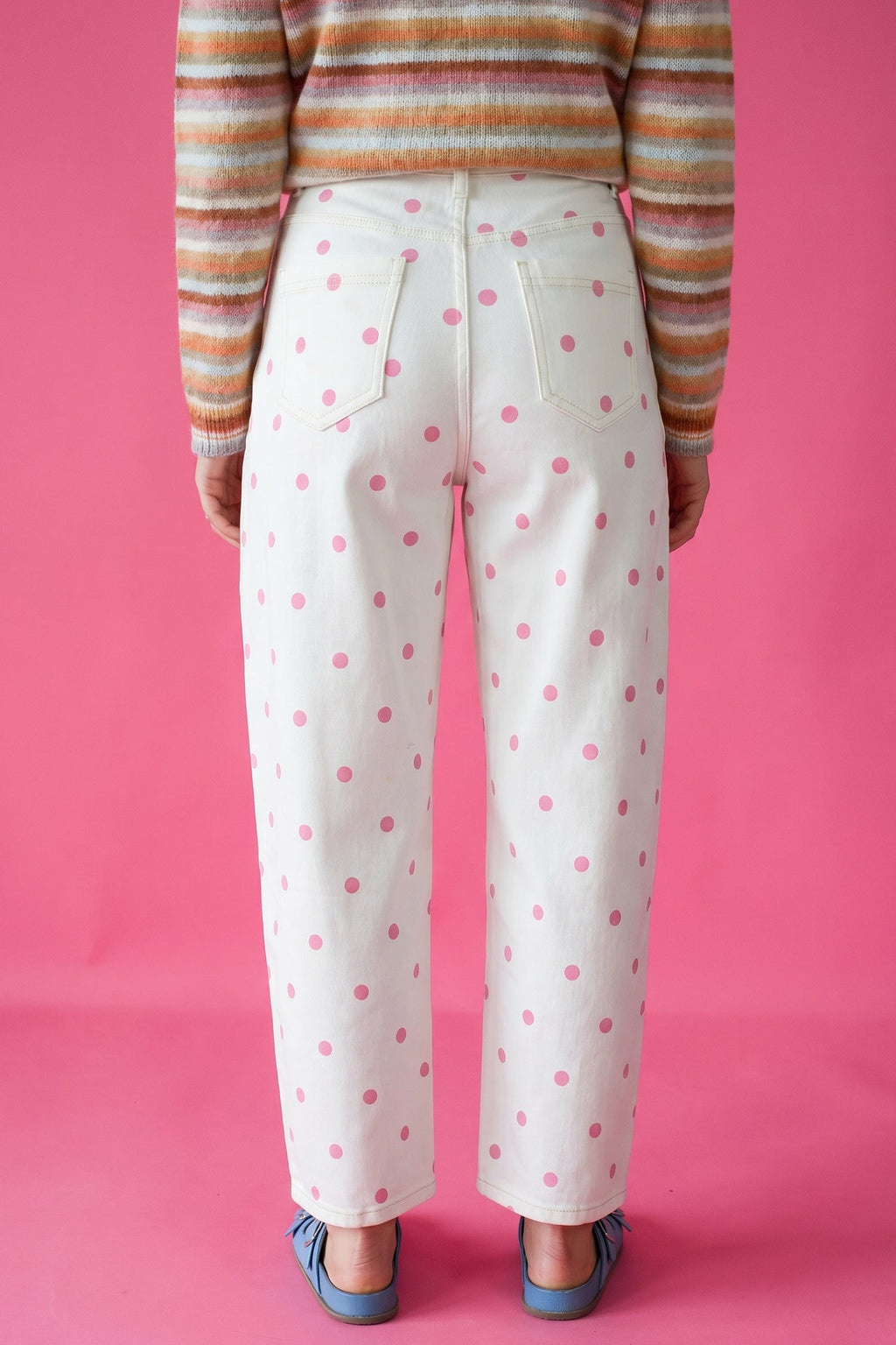 Pink Tailored Seam Polka Dot Print Ankle Length Casual Jeans