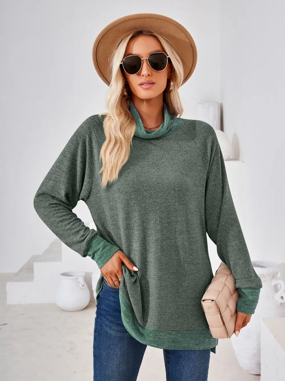 Contrast Mock Neck Long Sleeve T-Shirt