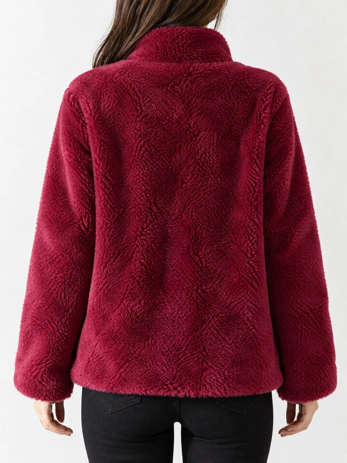 Full Size Drawstring Faux Fur Stand-Collar Zip-Up Outerwear Plus Size