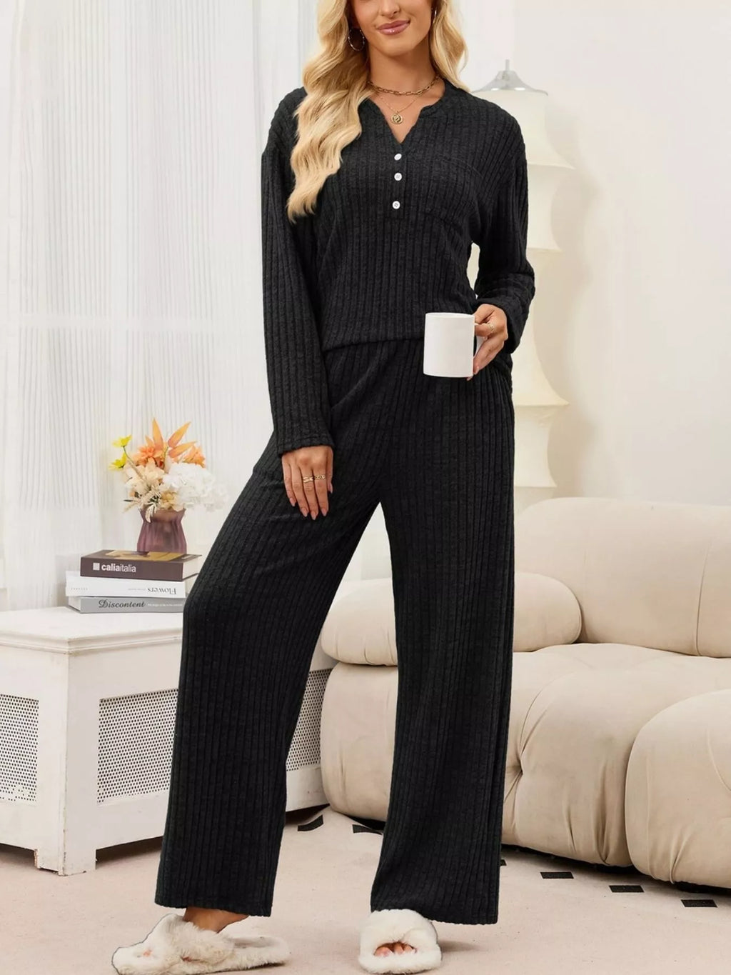 Ribbed Knit Top and Wide-Leg Pants Set