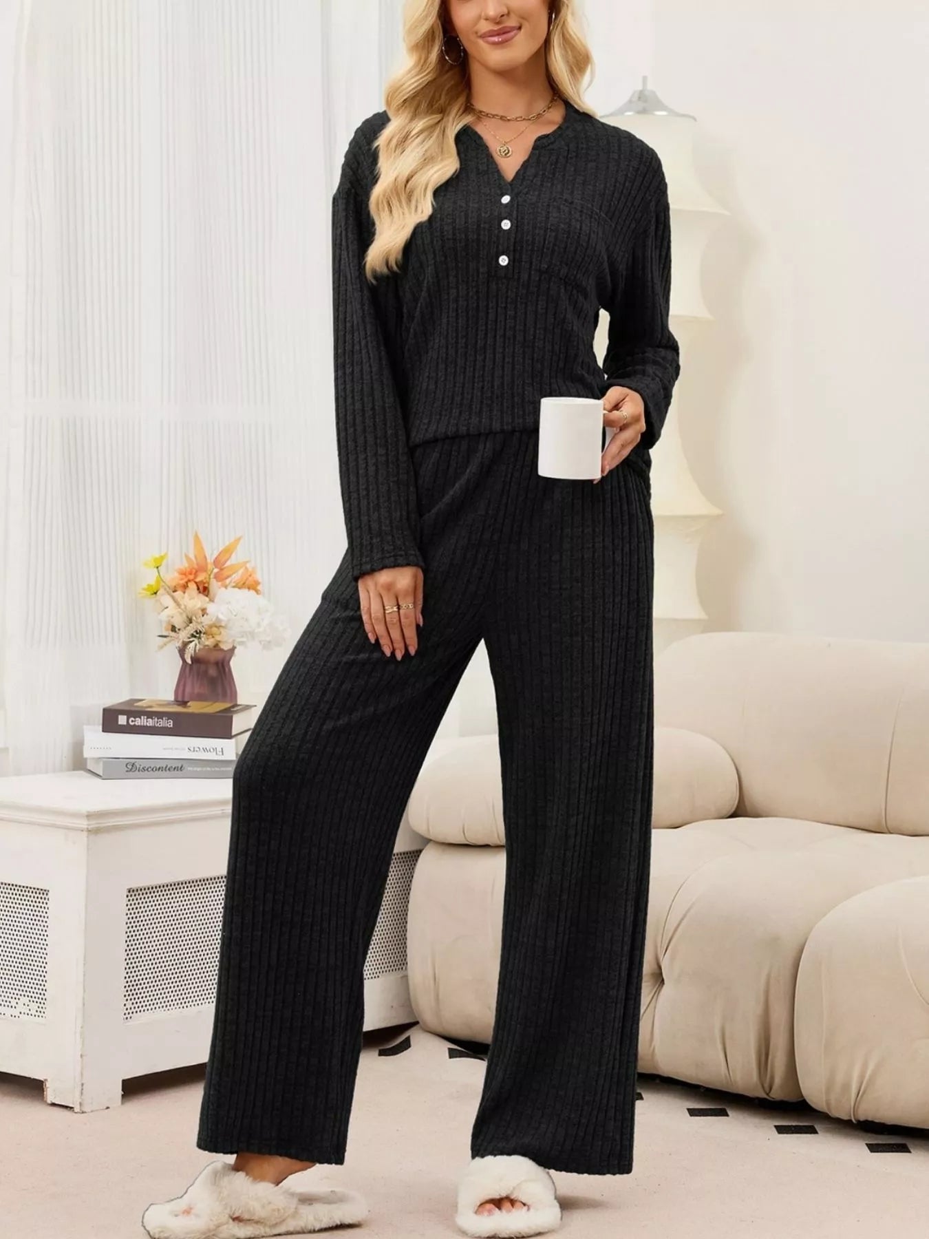 Ribbed Knit Top and Wide-Leg Pants Set