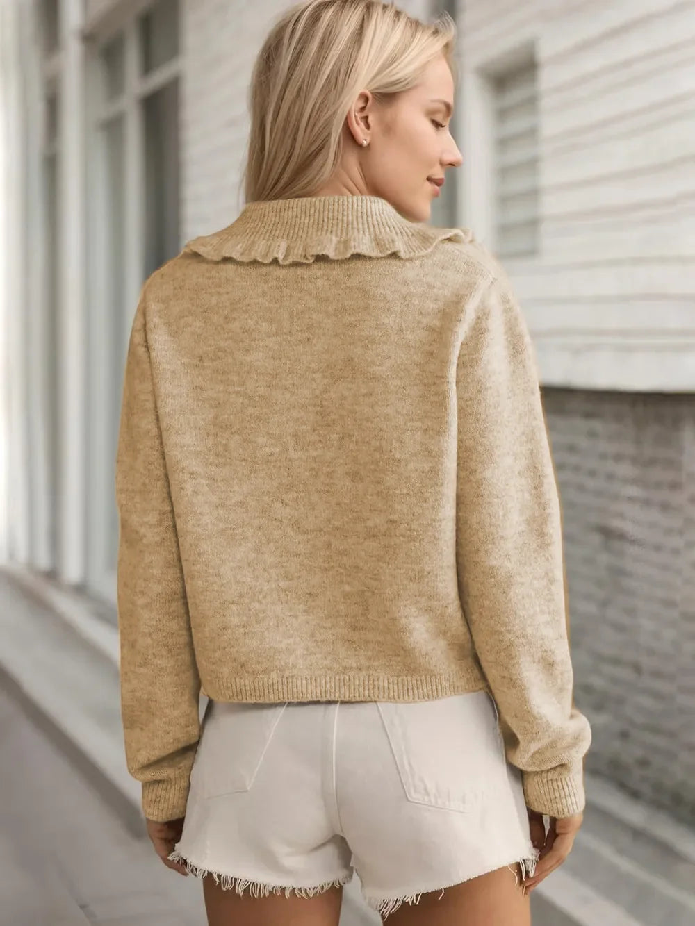 Button Up Long Sleeve Cardigan with Peter Pan Collar