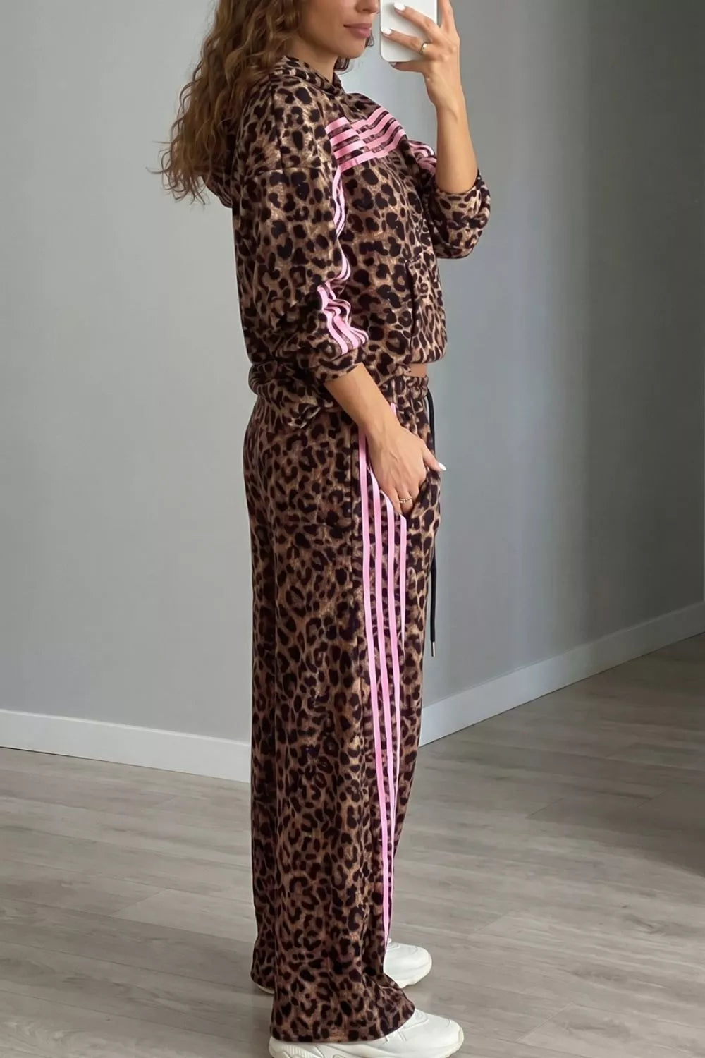 Leopard Print Contrast Striped Detail Long Sleeve Top Pant Set