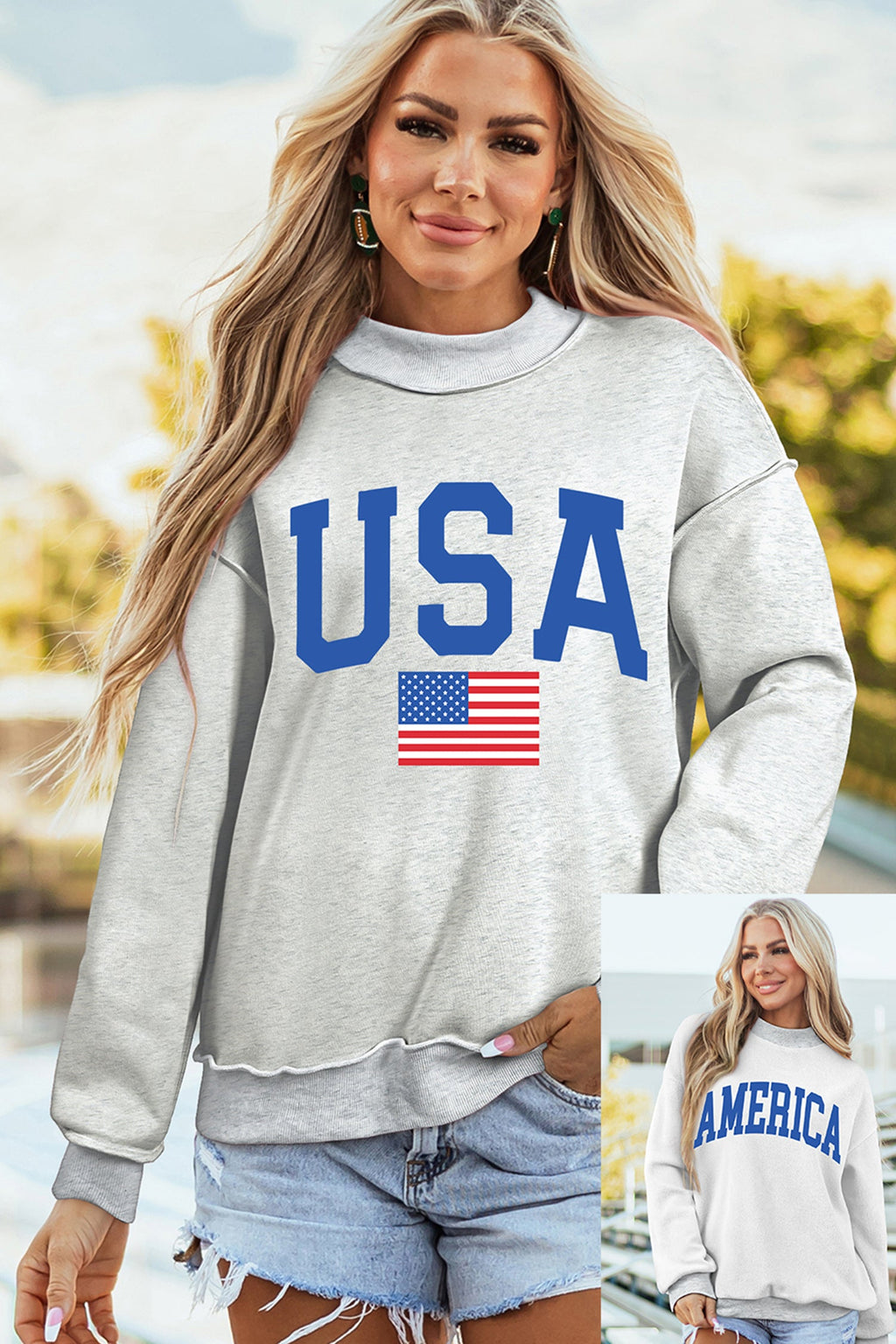 Dark Blue Mock Neck Reversible USA/America Graphic Sweatshirt