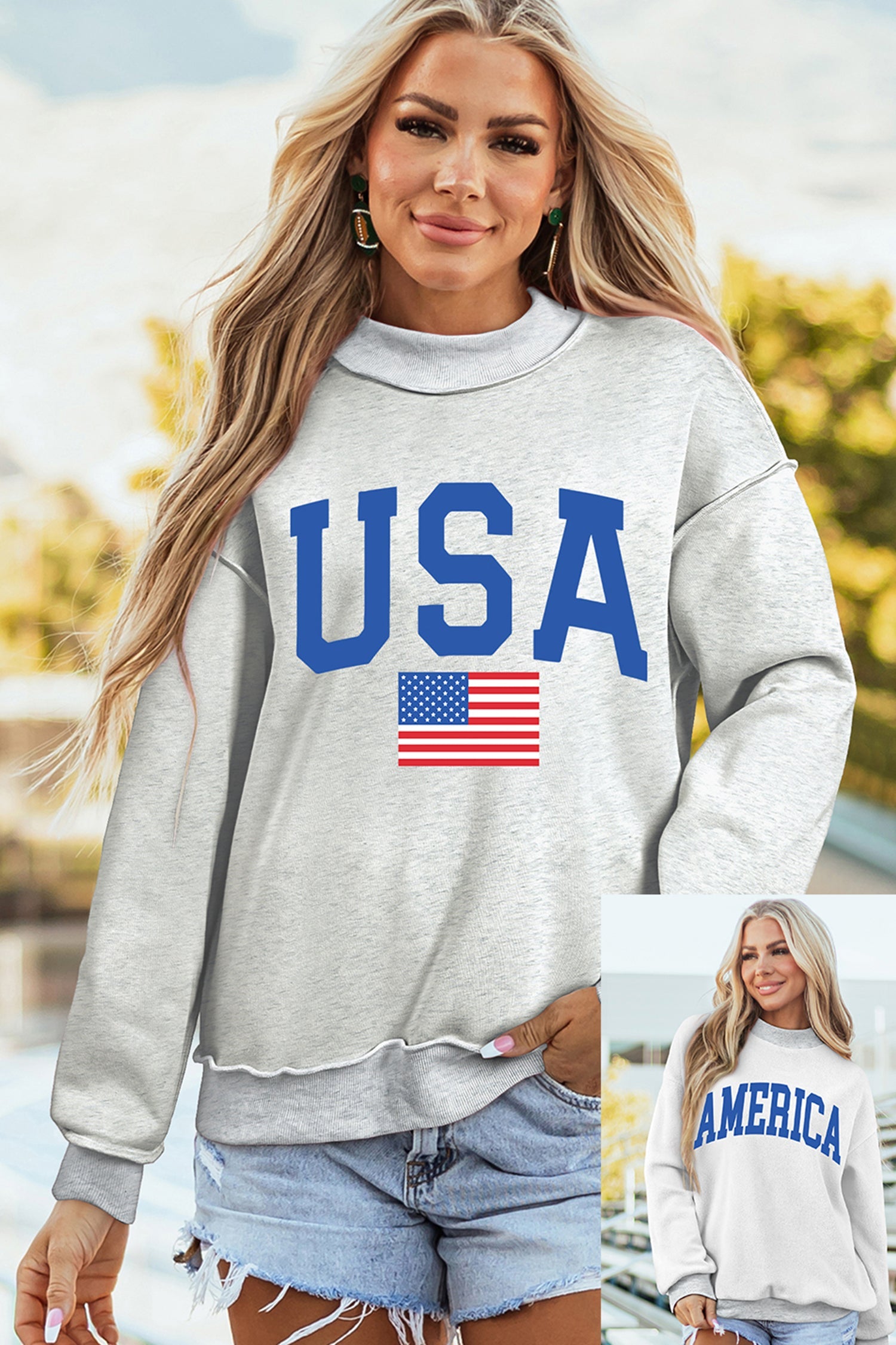Dark Blue Mock Neck Reversible USA/America Graphic Sweatshirt