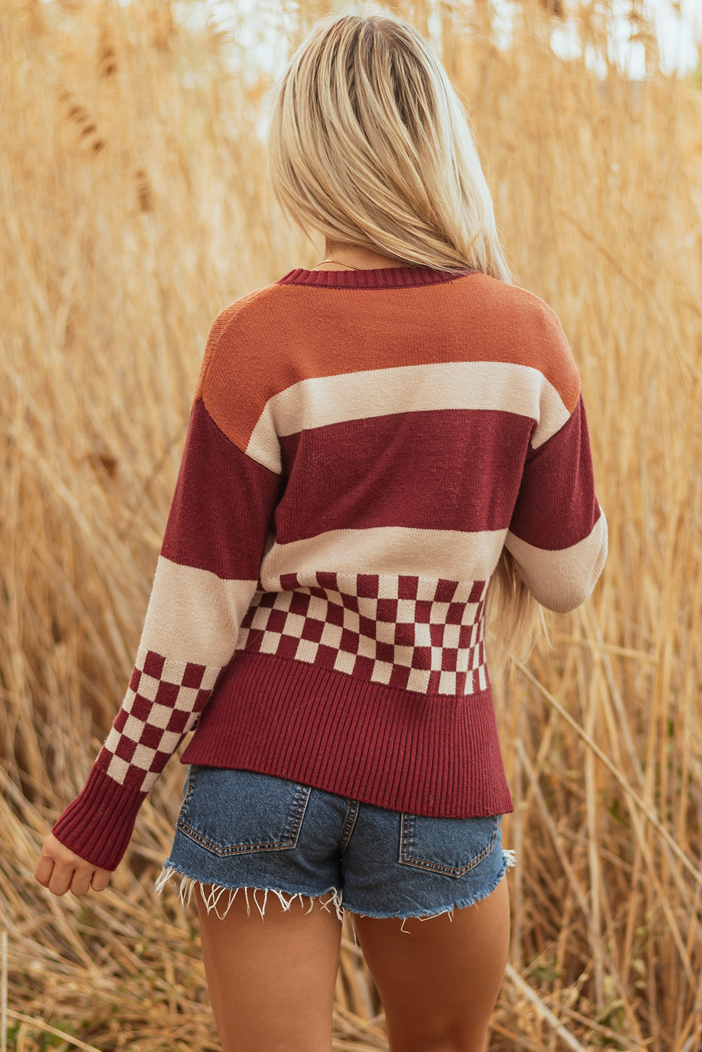 Checker Colorblock Knitted Drop Shoulder Sweater