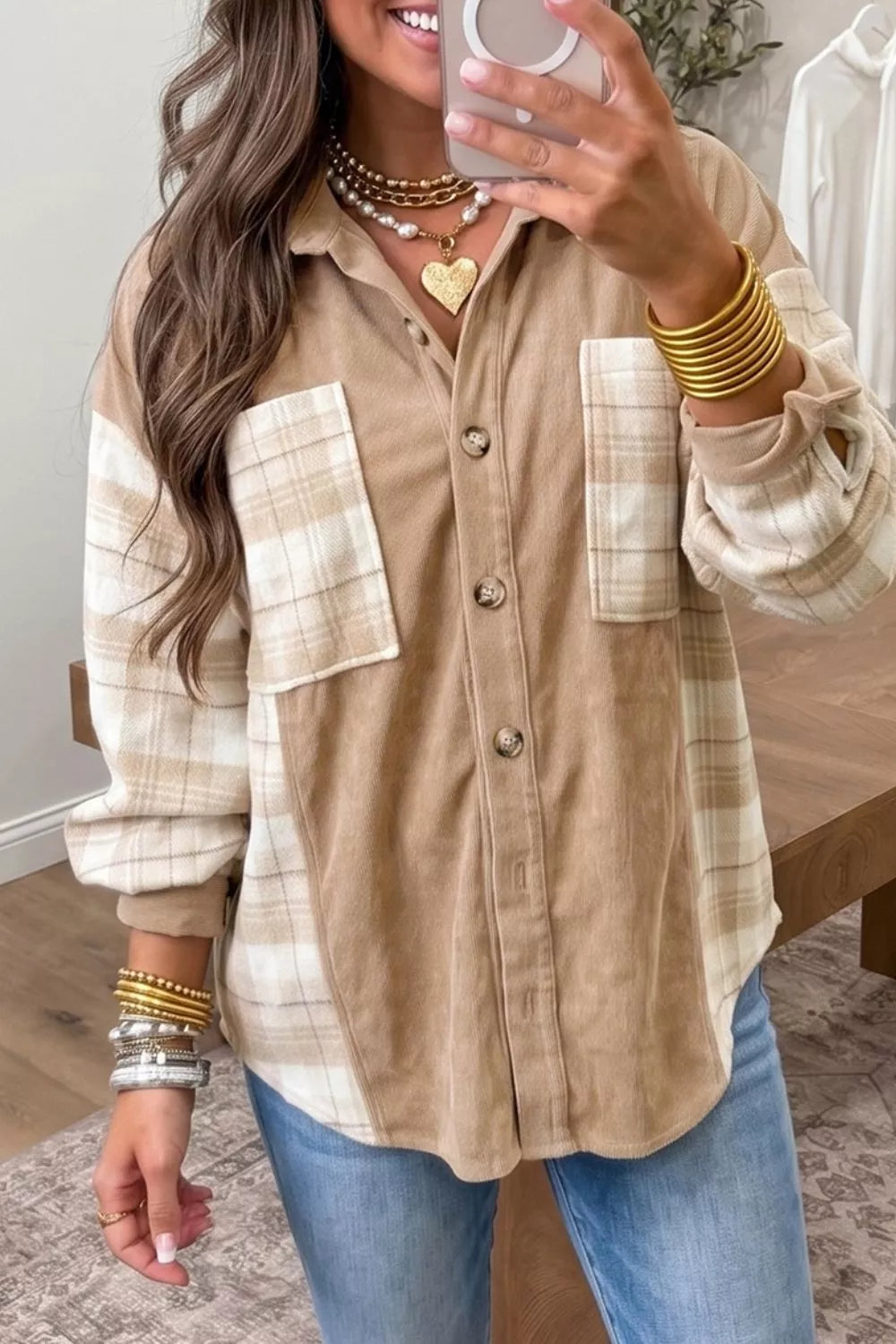 Plaid Colorblock Shirt Collar Shift Shacket