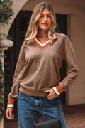 Dark Khaki Contrast Striped Trim V Neck Varsity Sweater