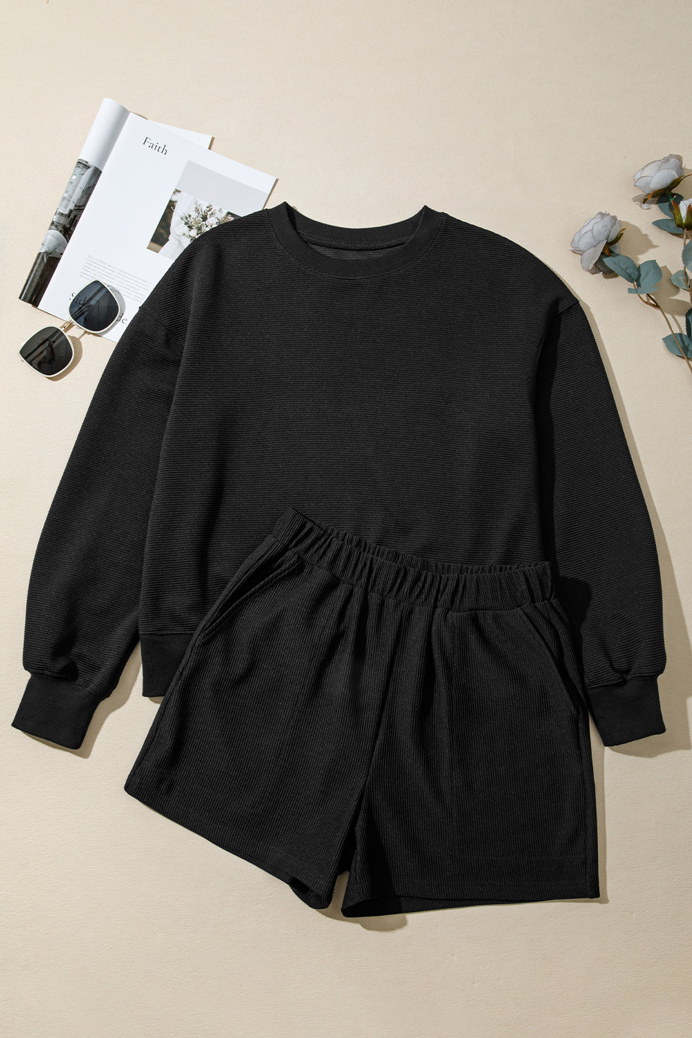 Black Ribbed Texture Baggy Drop Shoulder Pullover and Shorts Set