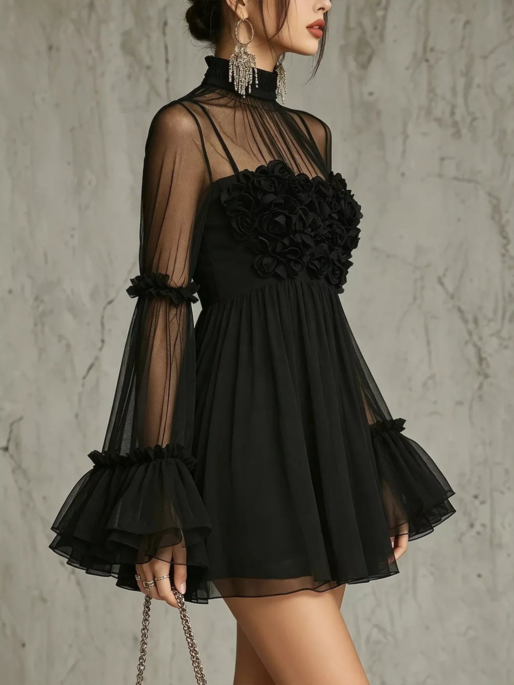 Sheer Mesh Rose Applique Mini Dress