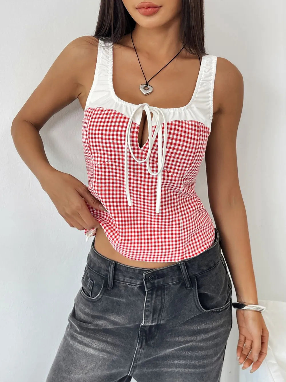 Contrast Plaid Square Neck Woven Tank Top