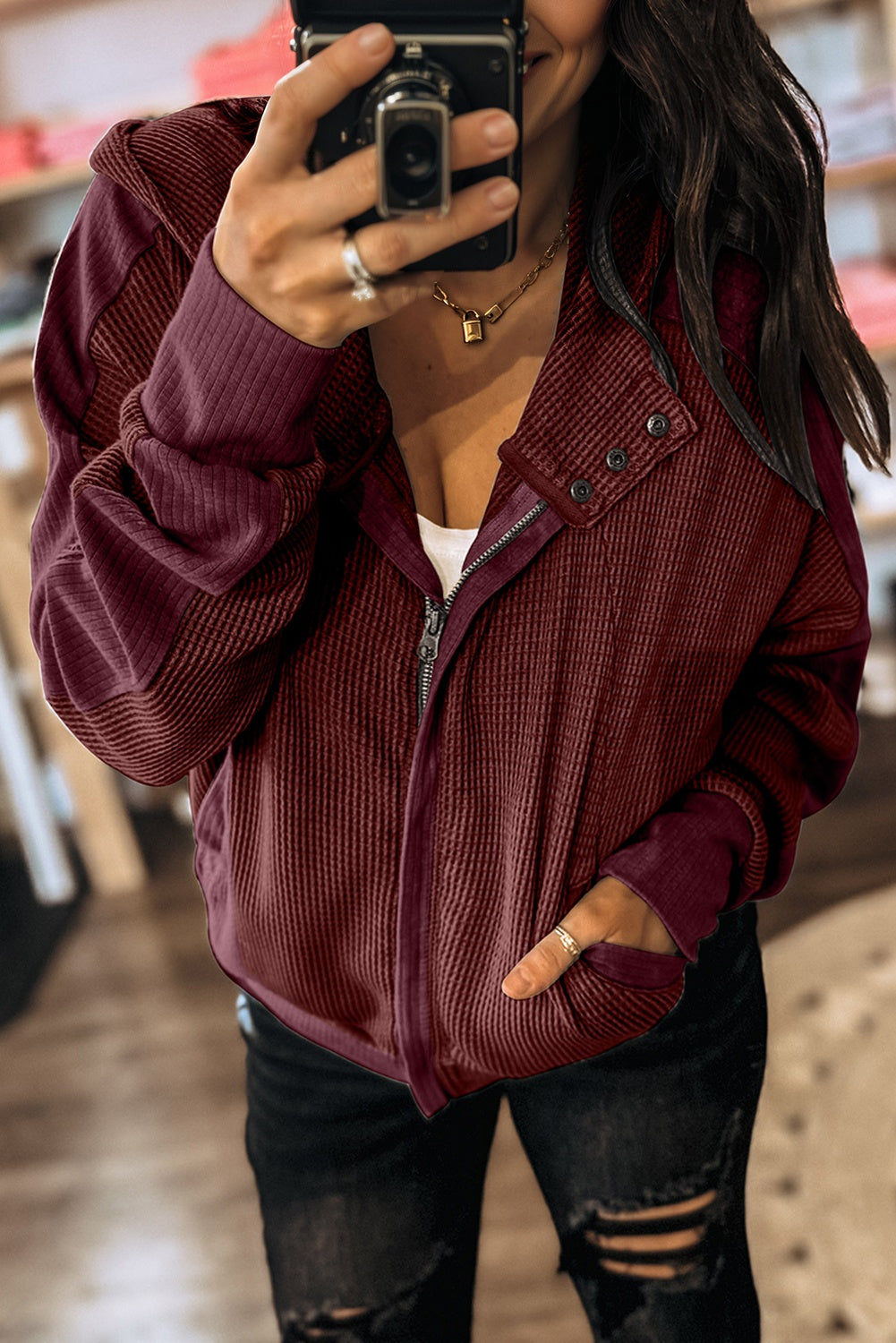 Waffle Zip Up Snap Button Hooded Jacket