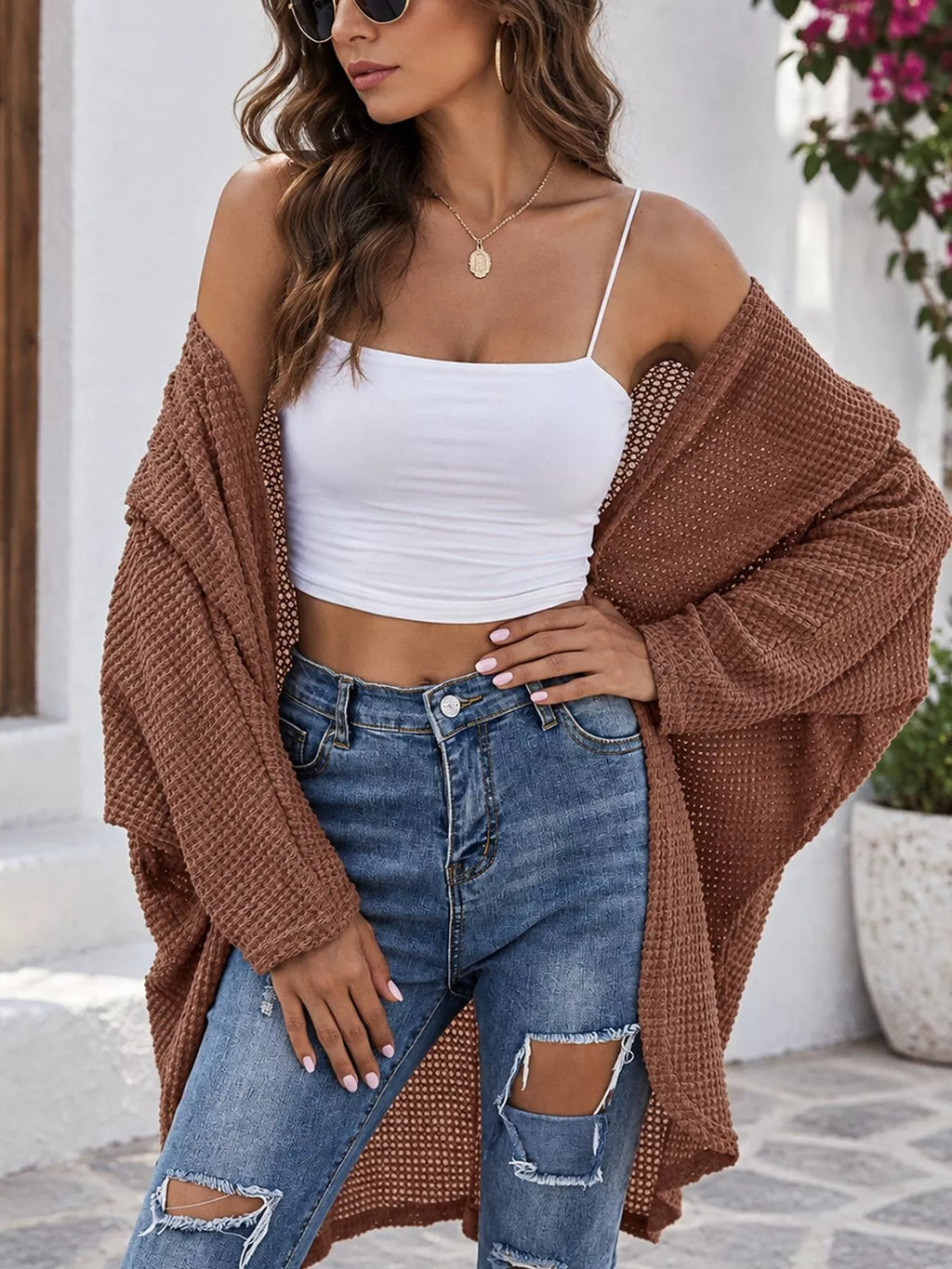 Waffle Knit Open Front Oversized Cardigan