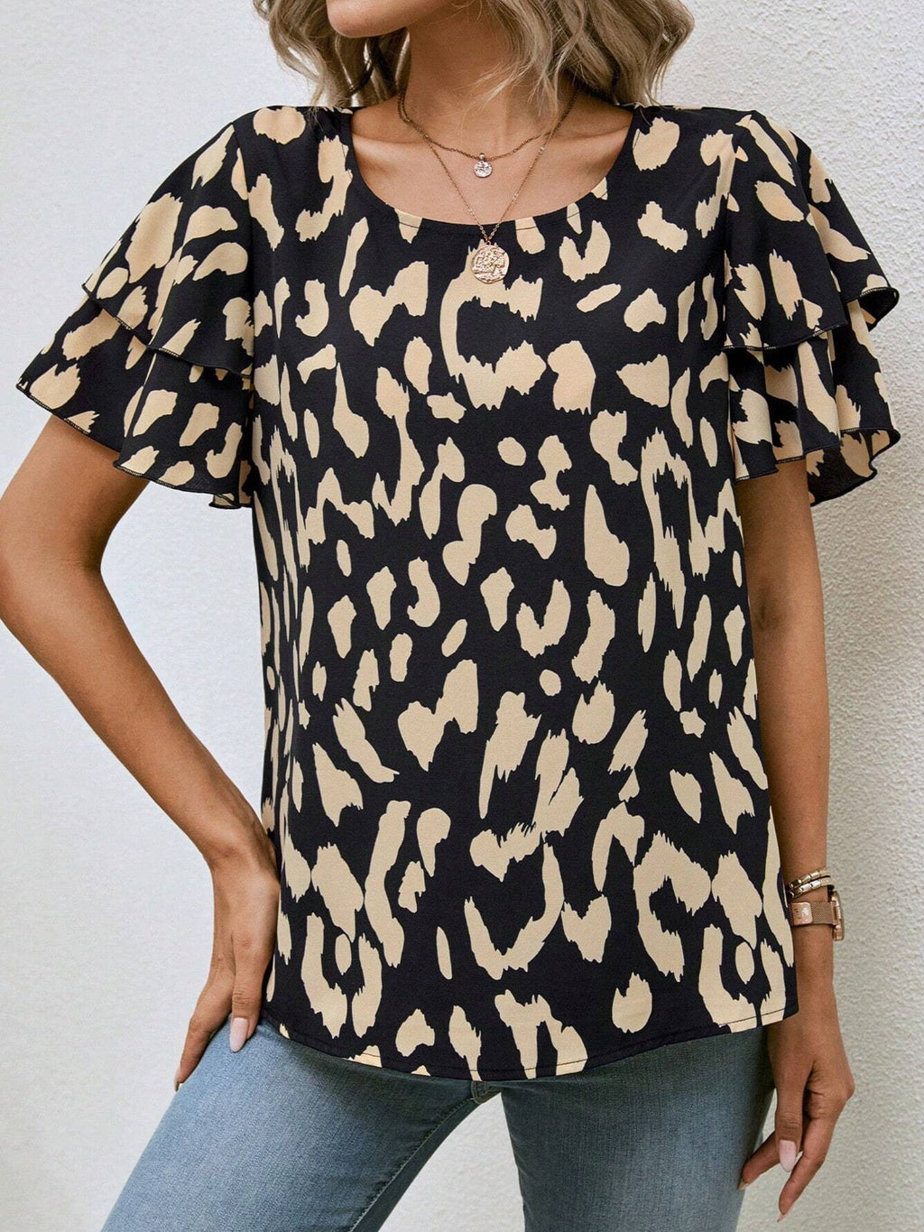Animal Print Ruffle Sleeve Blouse