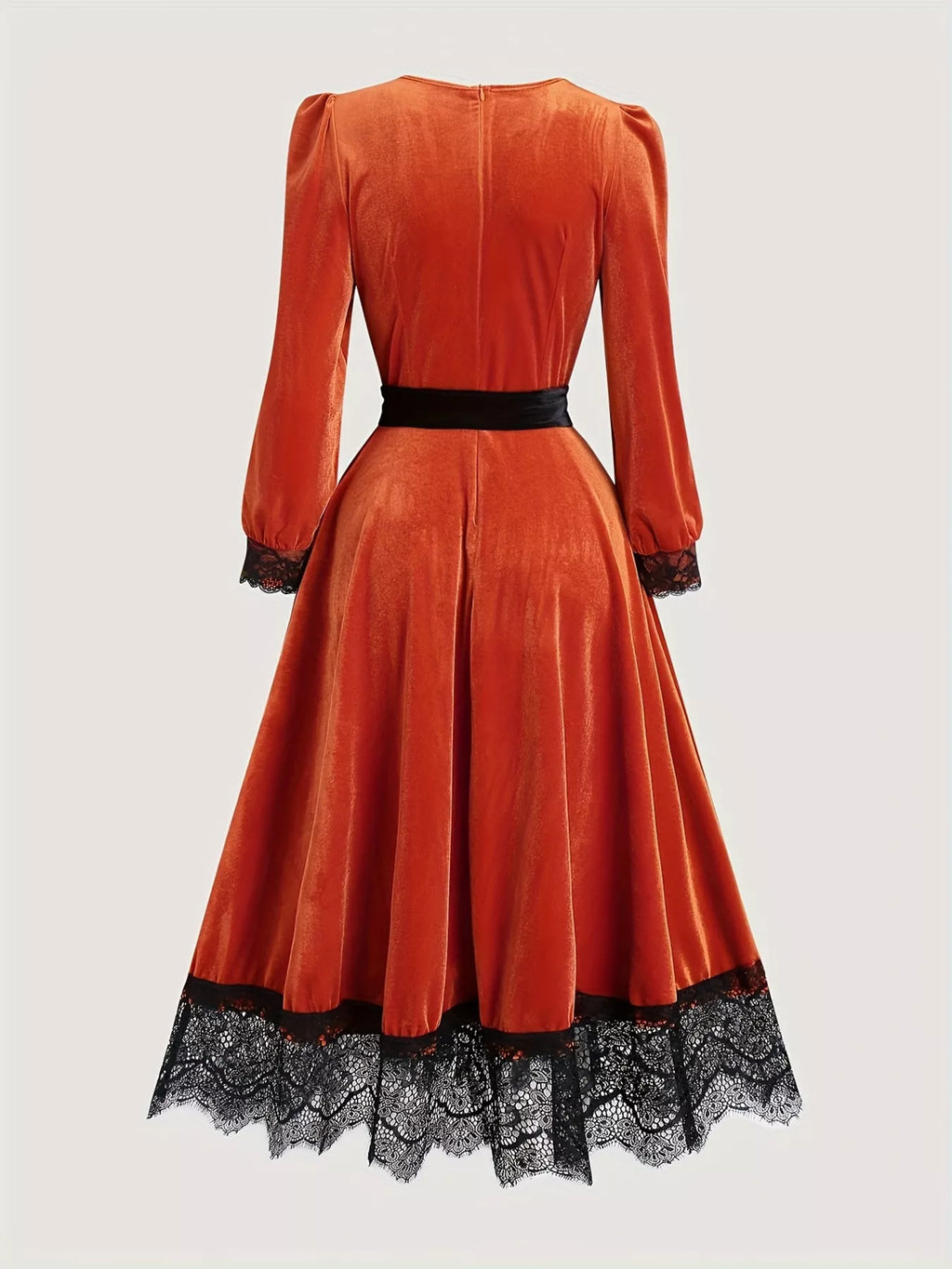Velvet V-Neck Lace Trim Midi Dress with Waist Tie