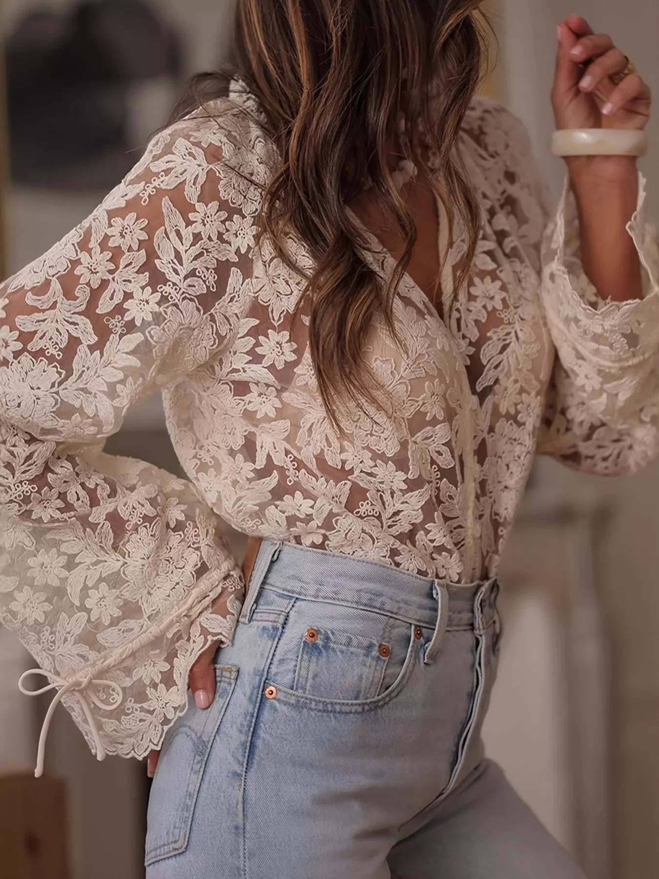Lace Sheer Button Up Shirt
