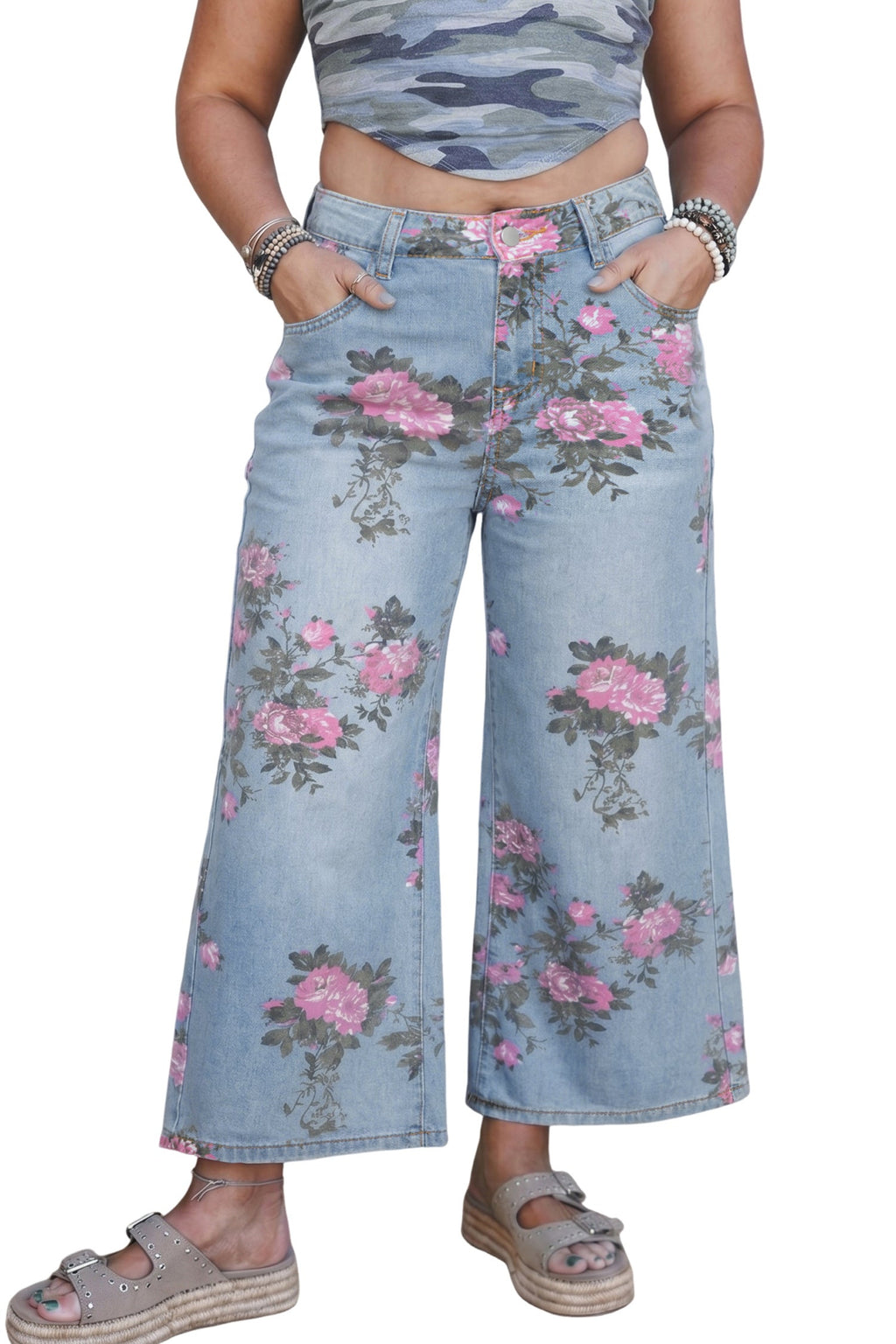 Sky Blue Plus Size Floral Print Ankle Length Loose Jeans