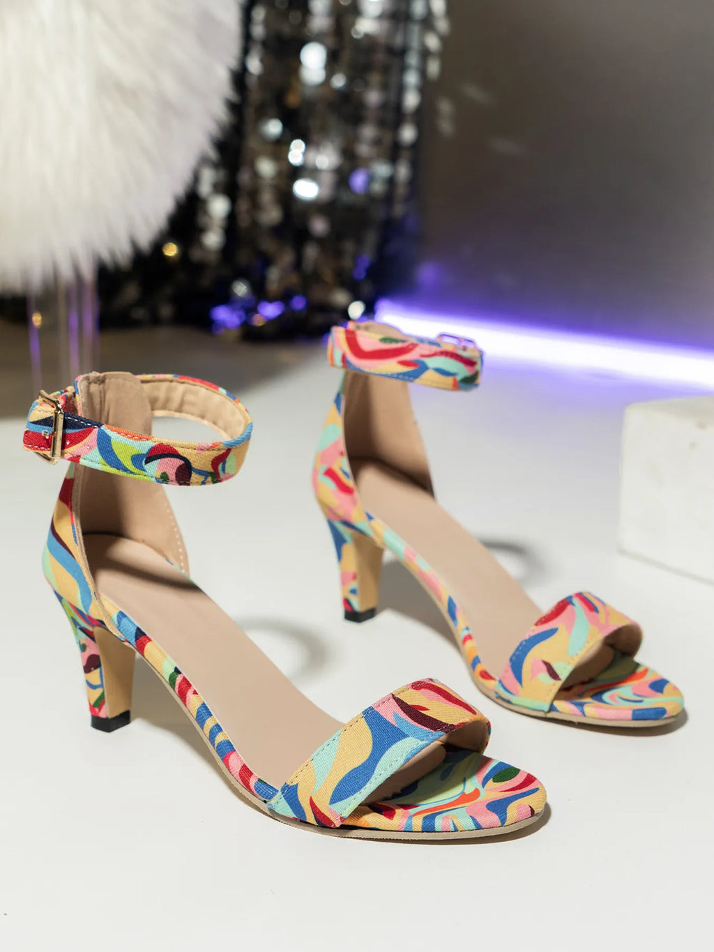 Rainbow Metallic Block Heel Ankle Strap Sandals