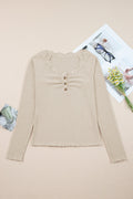 Solid Ribbed Lace Neckline Long Sleeve Top