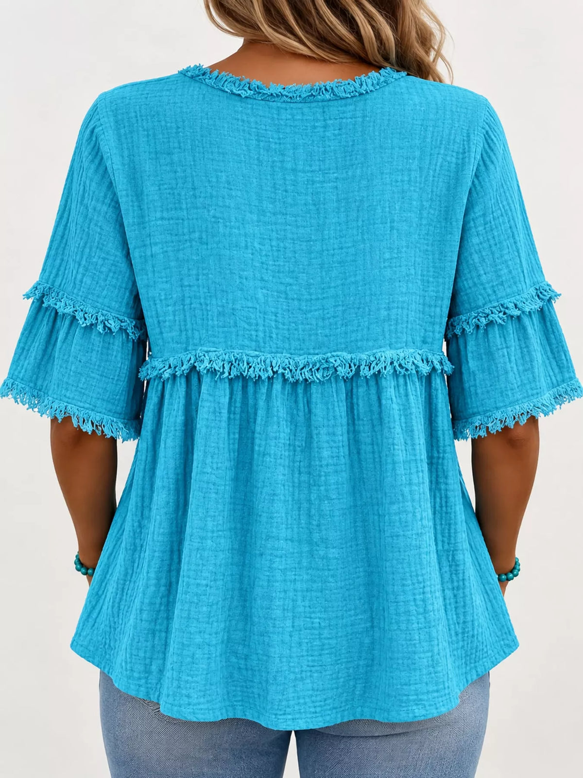 Full Size Frayed Edge Textured Blouse Plus Size