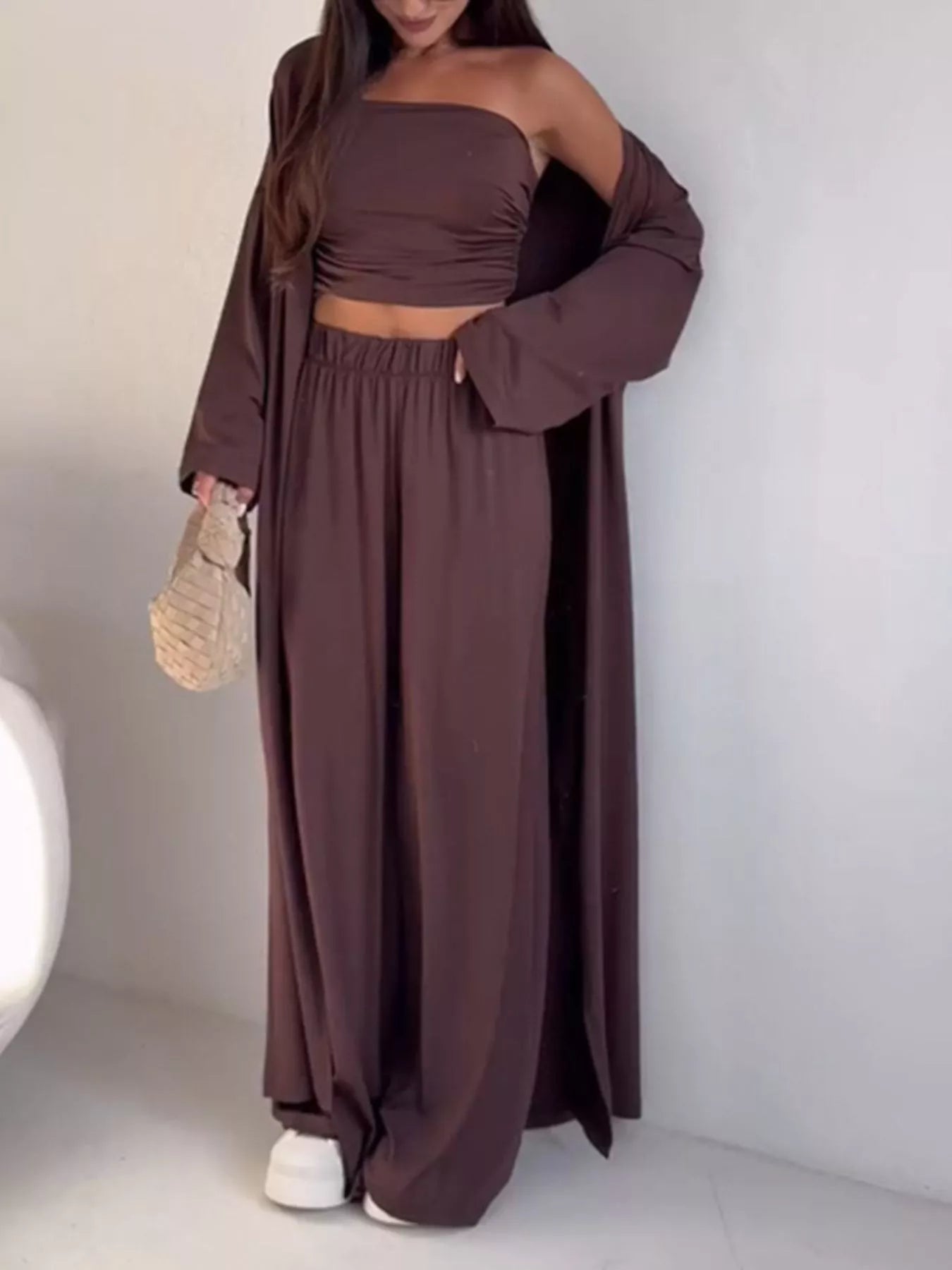 Chic Strapless Ruched Crop Top and Wide-Leg Pants with Cardigan 3-Piece Set