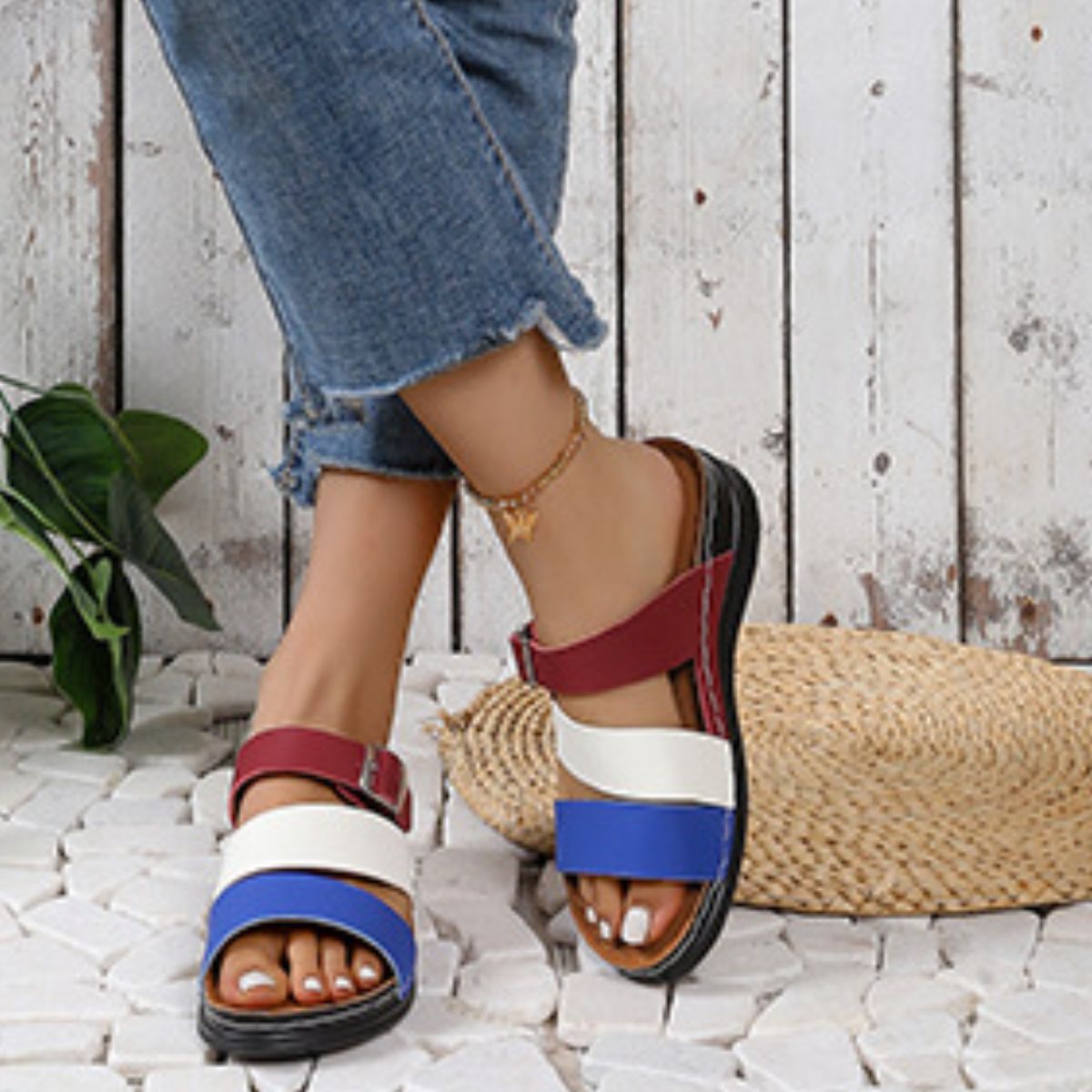 Color Block Adjustable Buckle Comfort Sandals