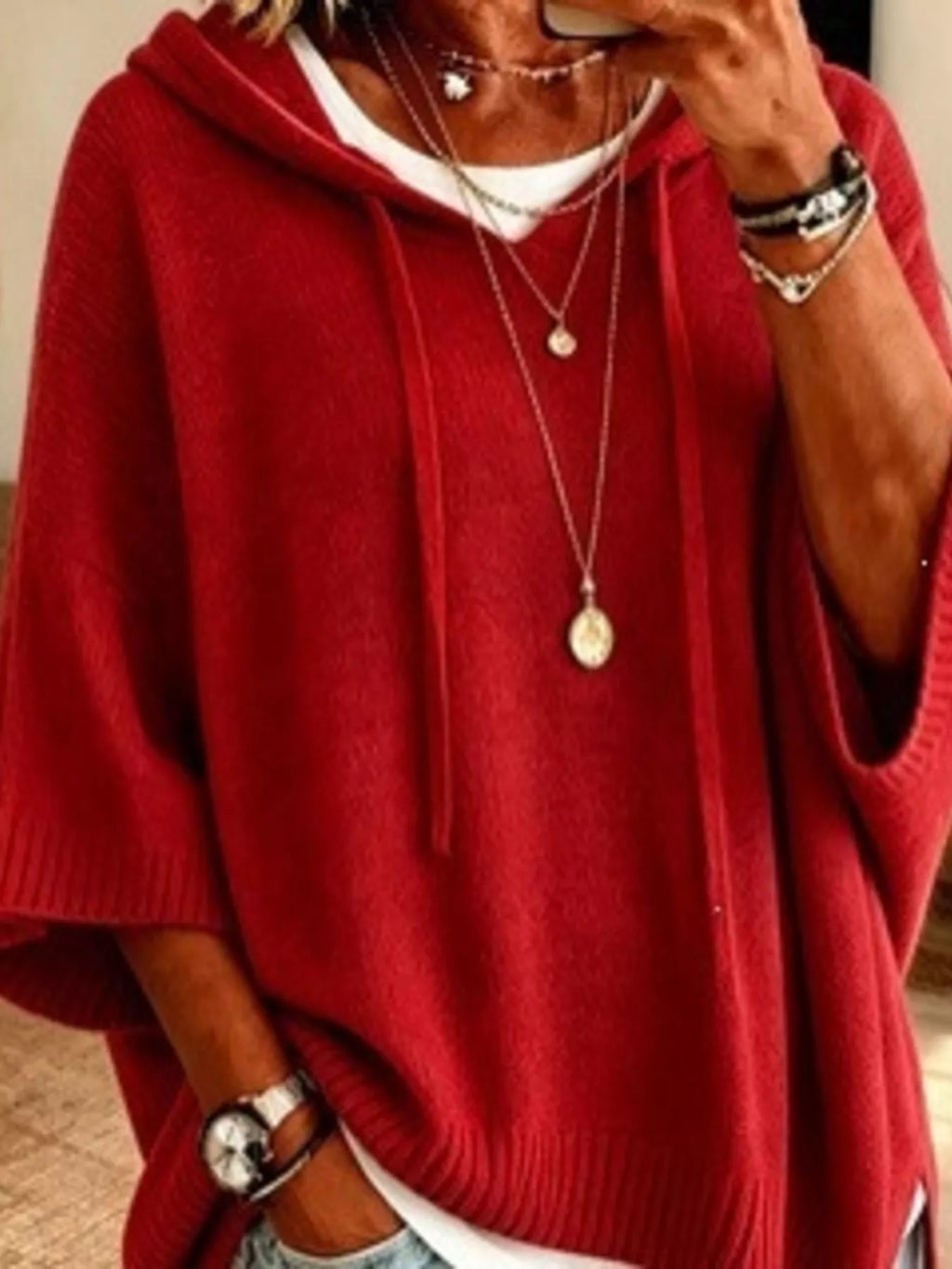 Casual Loose Fit Hooded Knit Sweater with Ribbed Hem