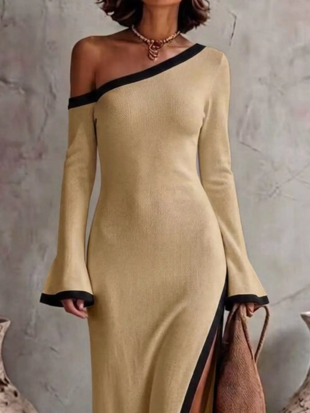 Slit One-Shoulder Contrast Trim Maxi Dress