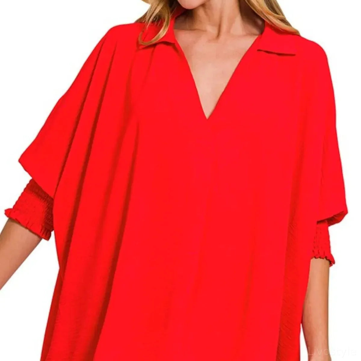 Airflow Collar Tee with Smocked Sleeve Bands