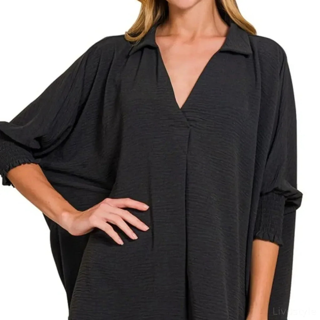 Oversized Woven Collared Top with Smocked Sleeve Bands