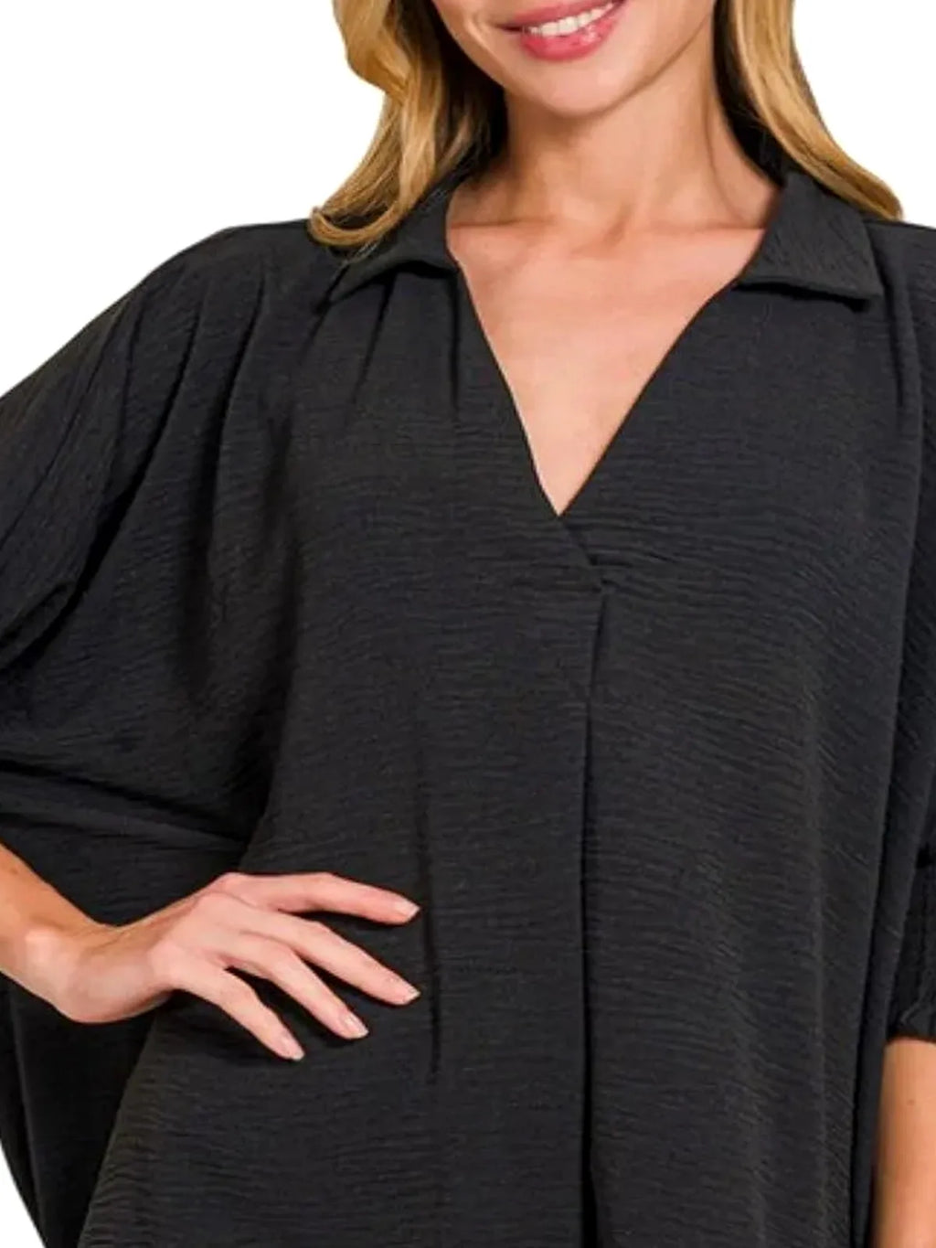 Oversized Woven Collared Top with Smocked Sleeve Bands