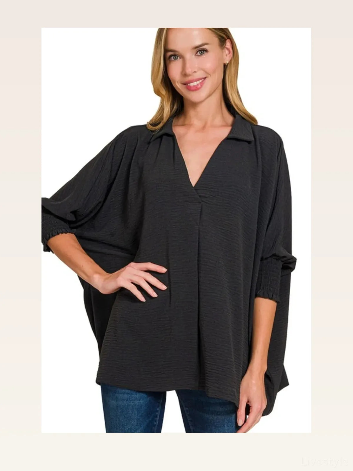 Oversized Woven Collared Top with Smocked Sleeve Bands