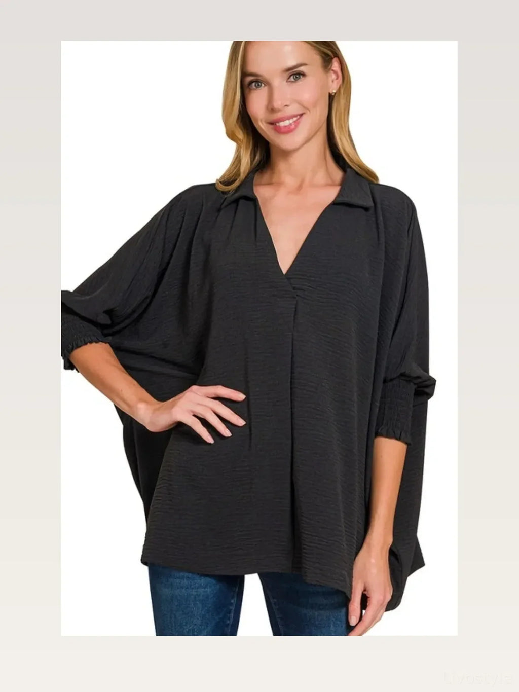 Oversized Woven Collared Top with Smocked Sleeve Bands