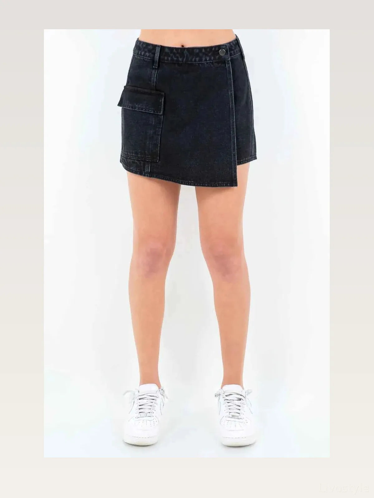 Black Cargo Pocket Asymmetrical Mini Skort