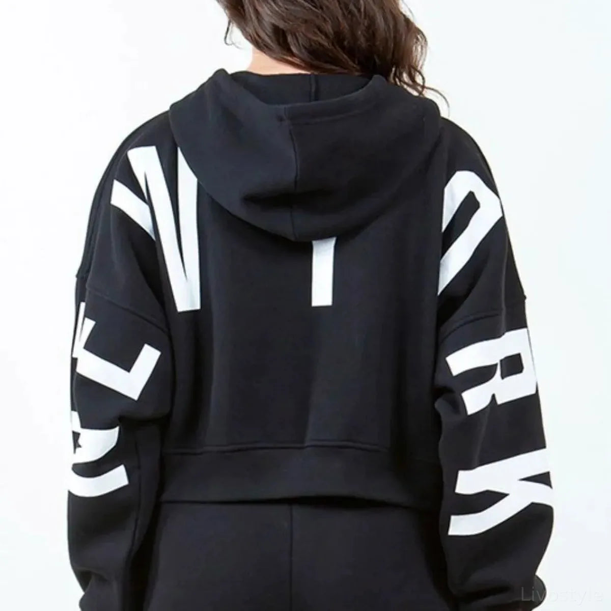 Cropped Hoodie with Letter Graphic and Drawstring
