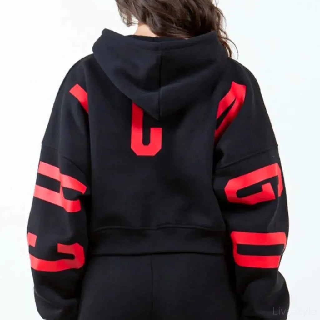 Graphic Cropped Hoodie with Drawstring Hood