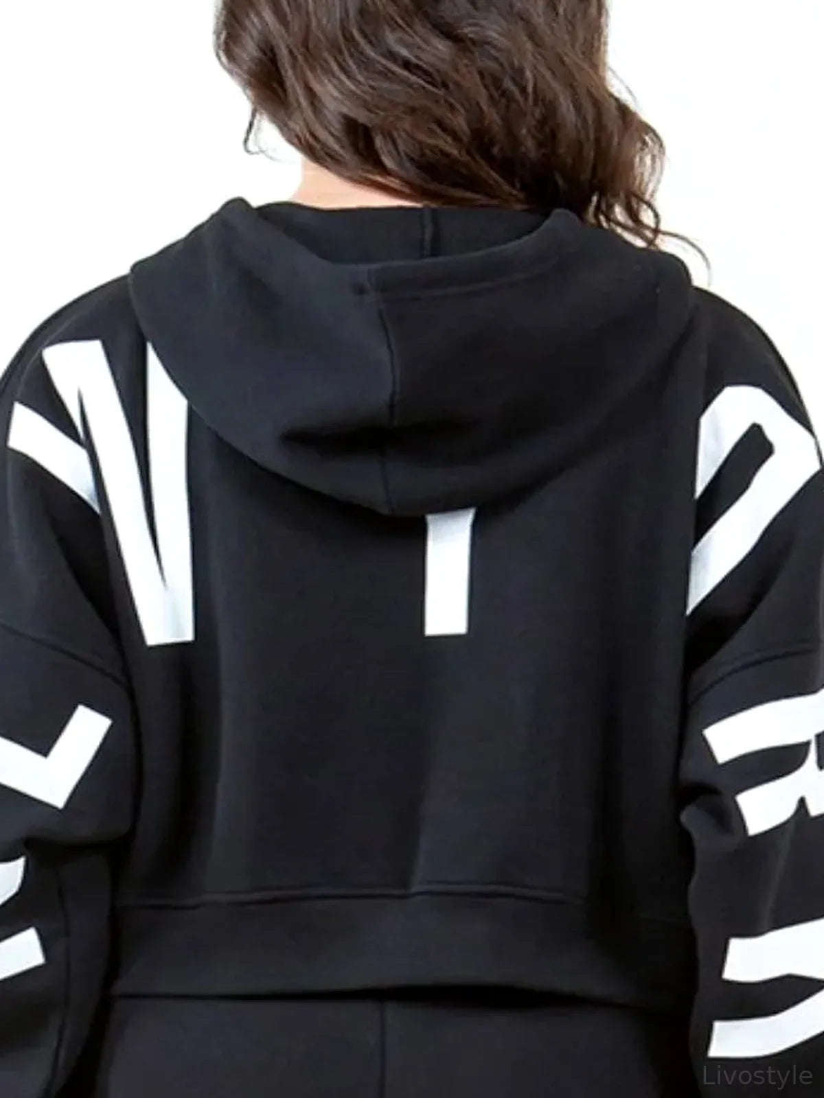 Cropped Hoodie with Letter Graphic and Drawstring