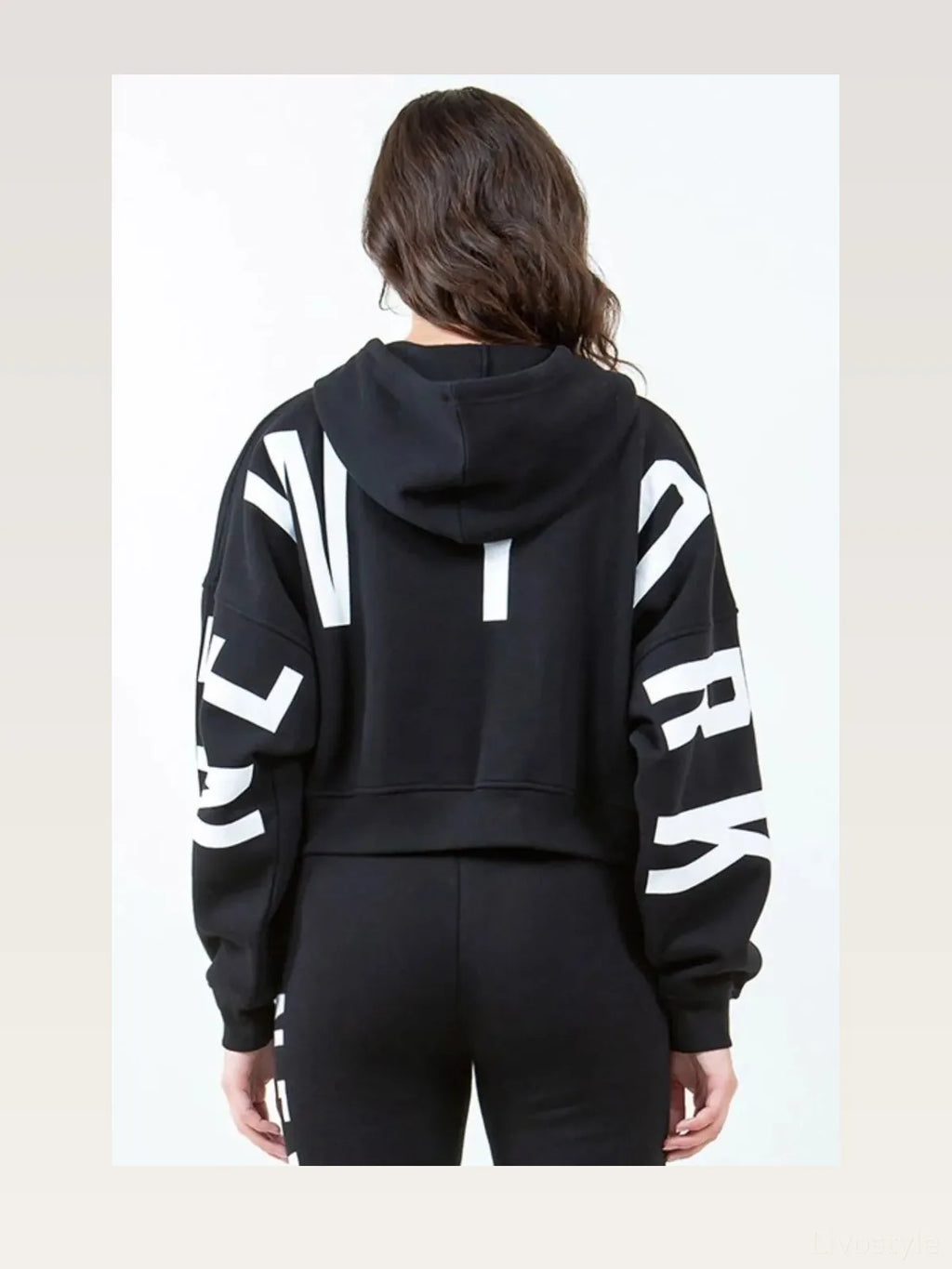 Cropped Hoodie with Letter Graphic and Drawstring