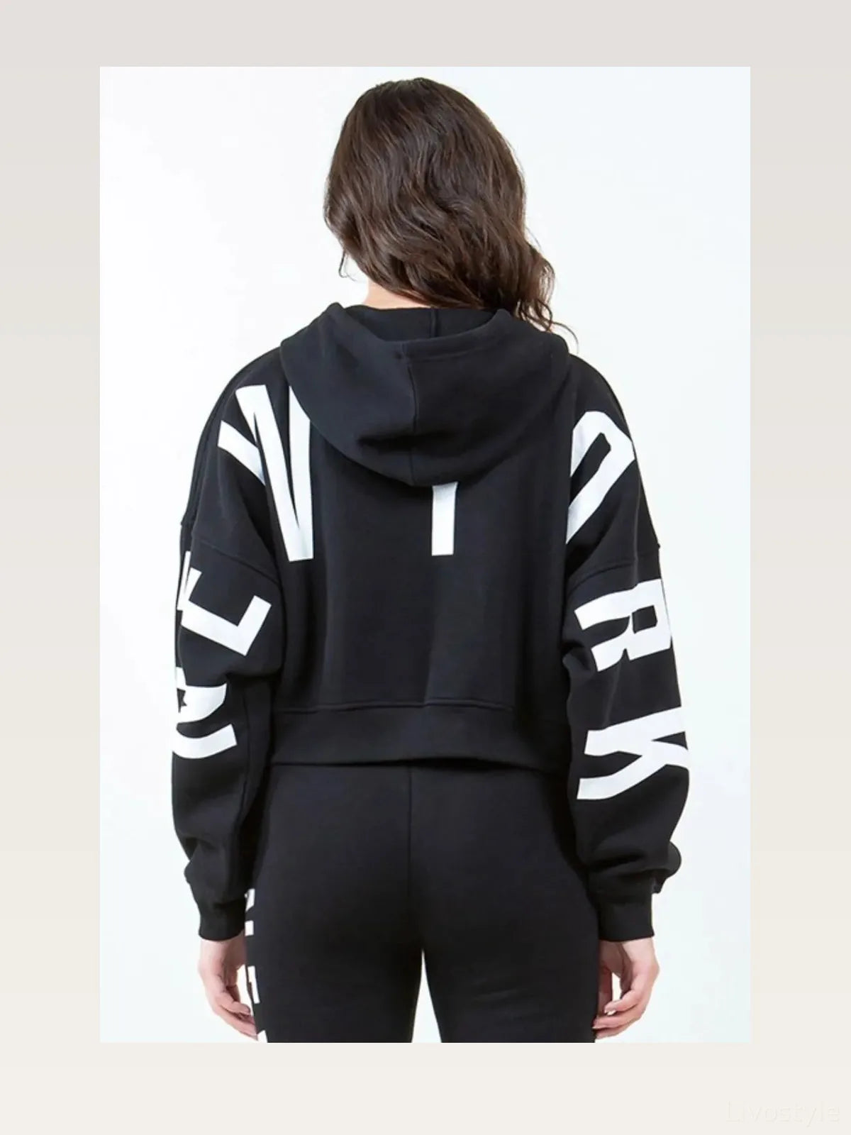Cropped Hoodie with Letter Graphic and Drawstring