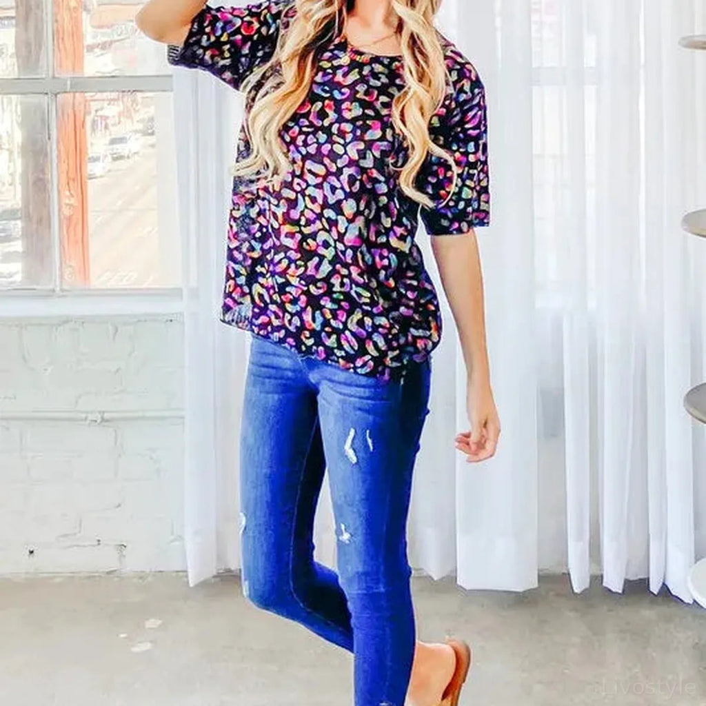 Leopard Foil Print Half Sleeve Knit Sweater